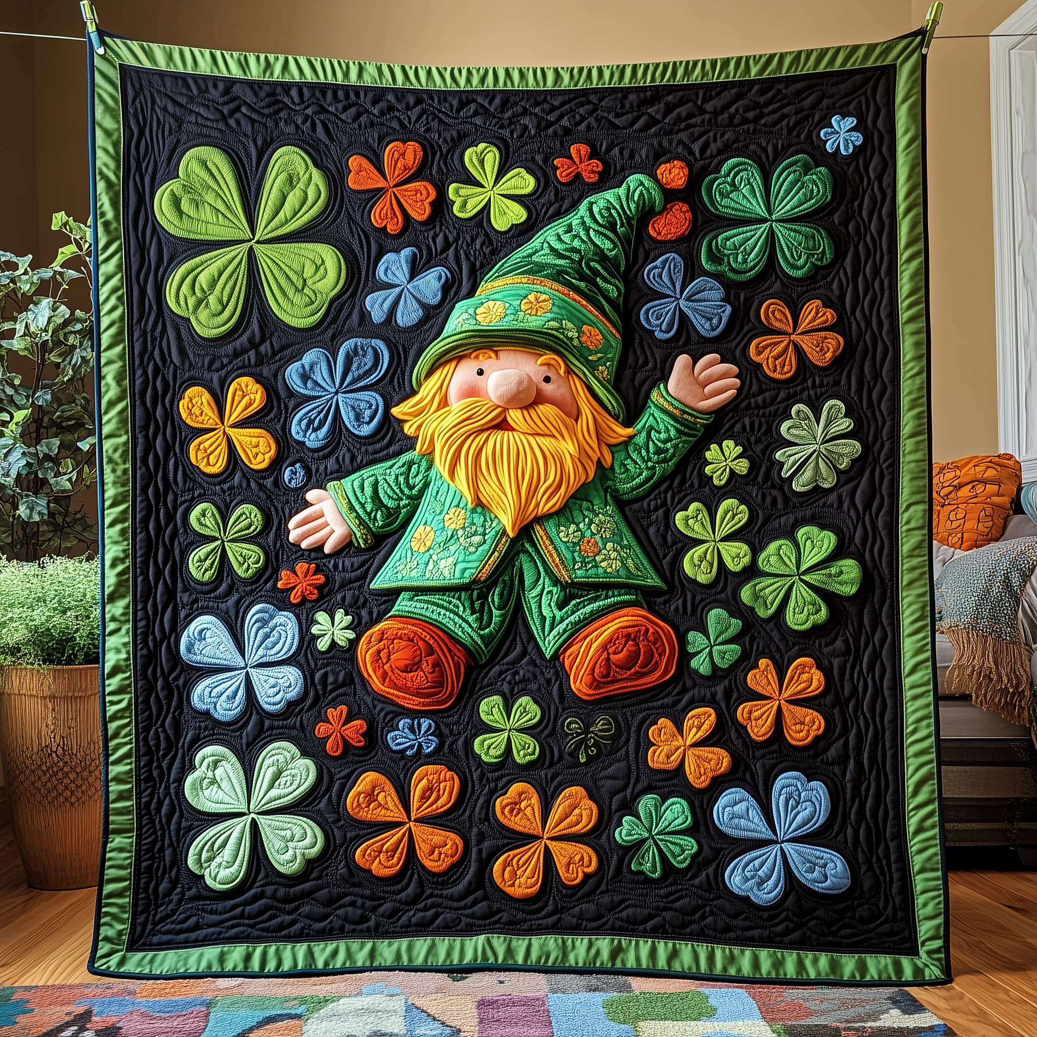 Adorable Irish Gnome Seasonal Quilted Blanket St Patrick Day Christmas Holiday Gnome Presents