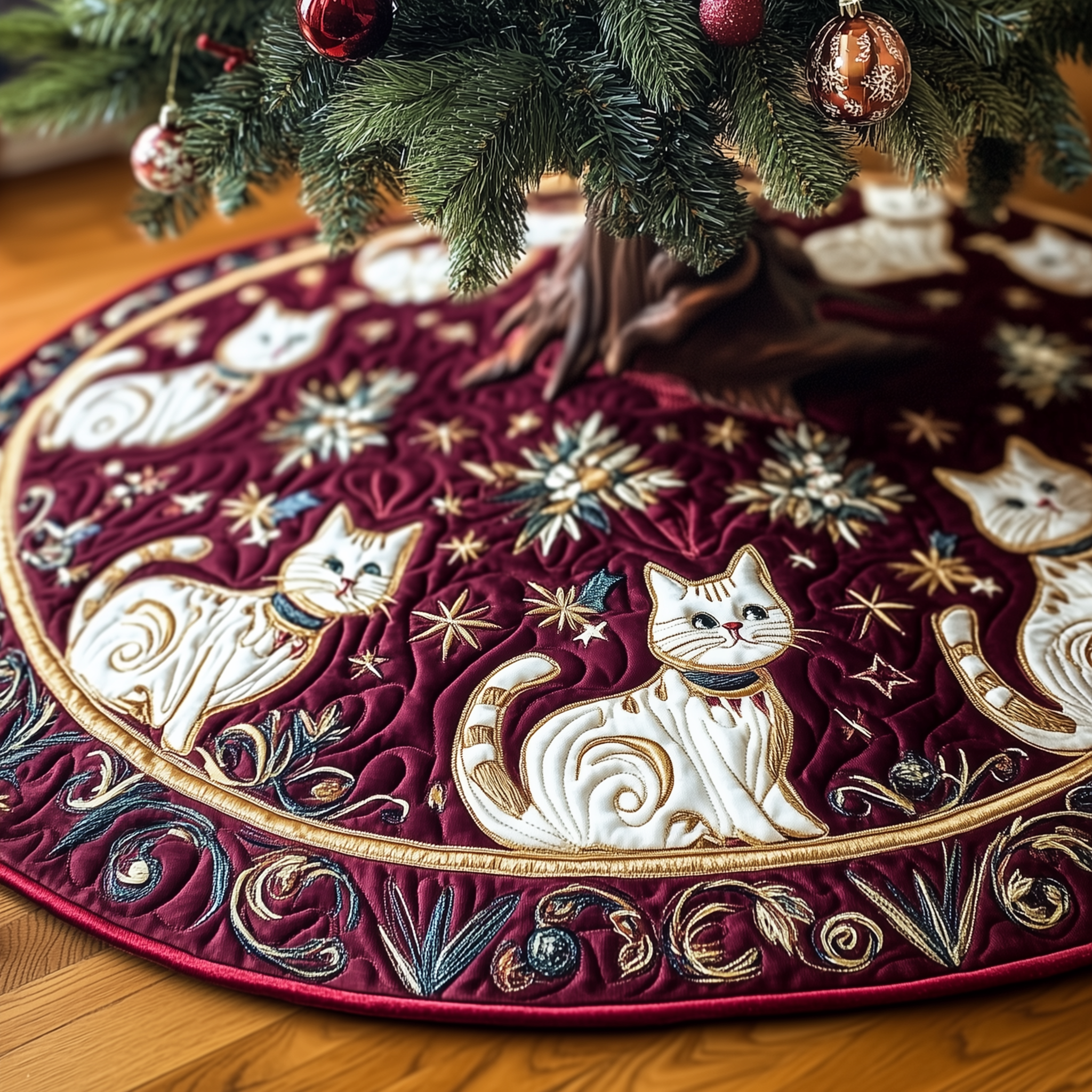 Adorable Kitty Quilted Christmas Tree Skirt Handmade Pet Holiday Decoration Gift Idea
