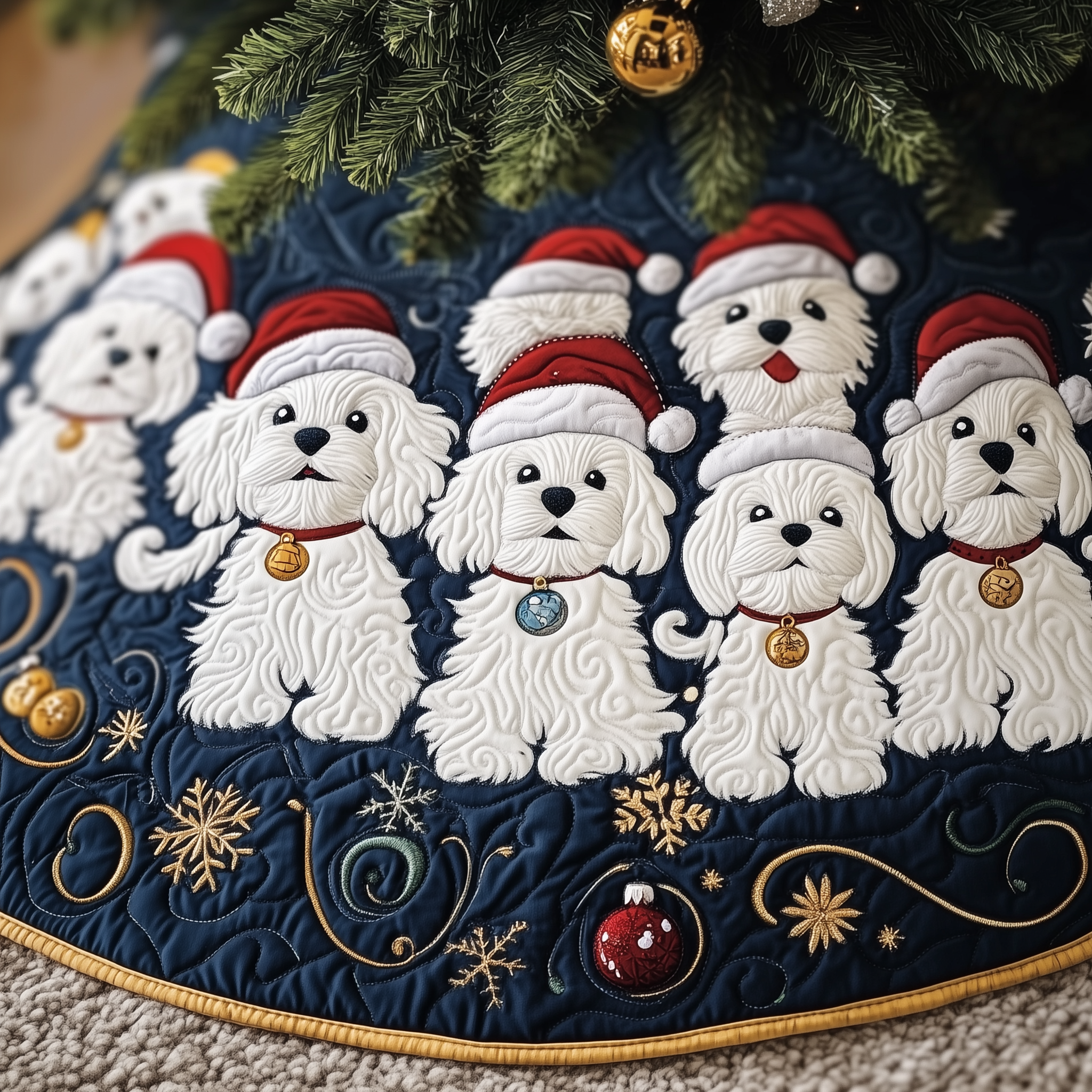 Adorable Maltese Christmas Tree Skirt Quilted White Dog Holiday Decoration Gift Idea