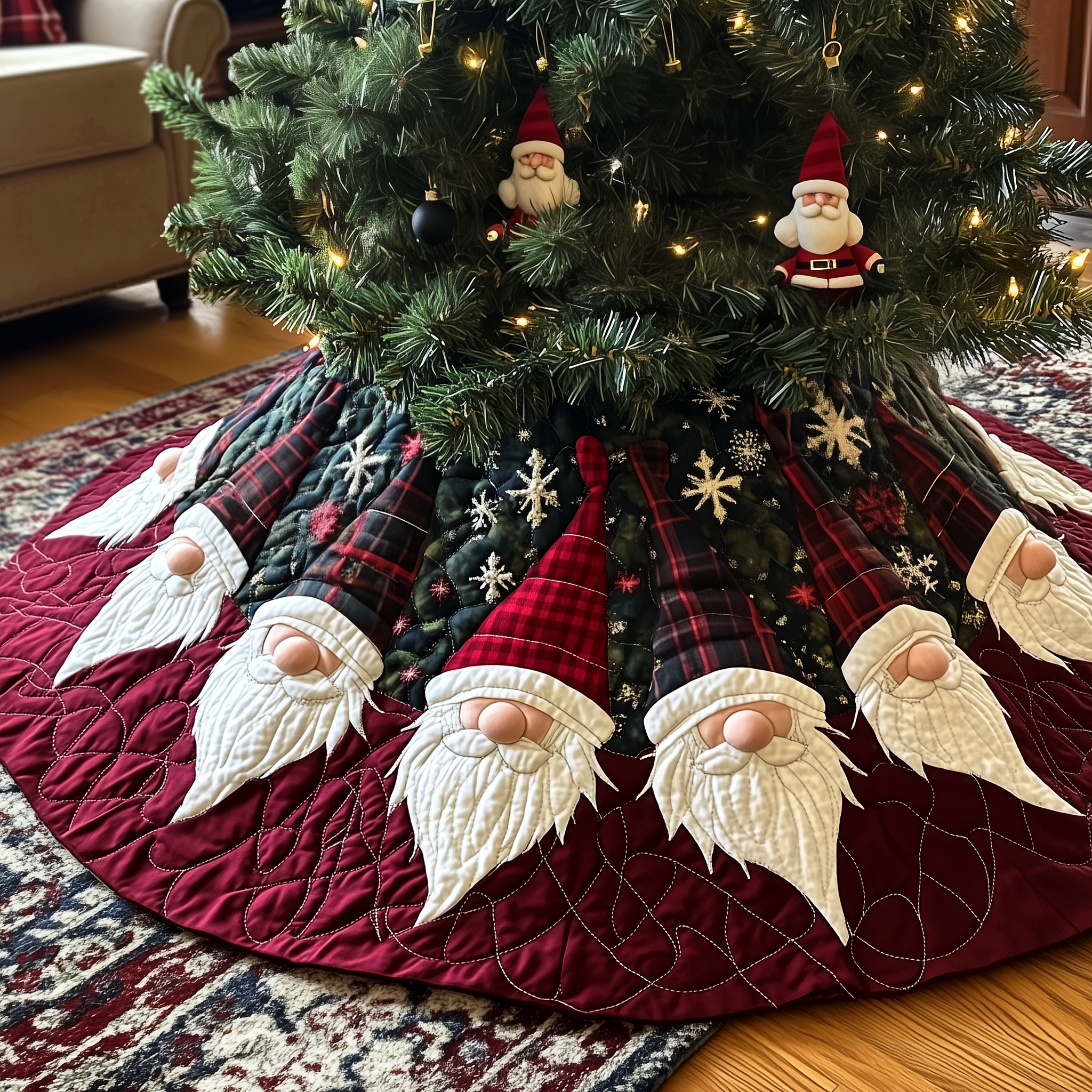 Adorable Nordic Gnome Modern Tree Skirt Quilted Handmade Holiday Decoration Gift Idea