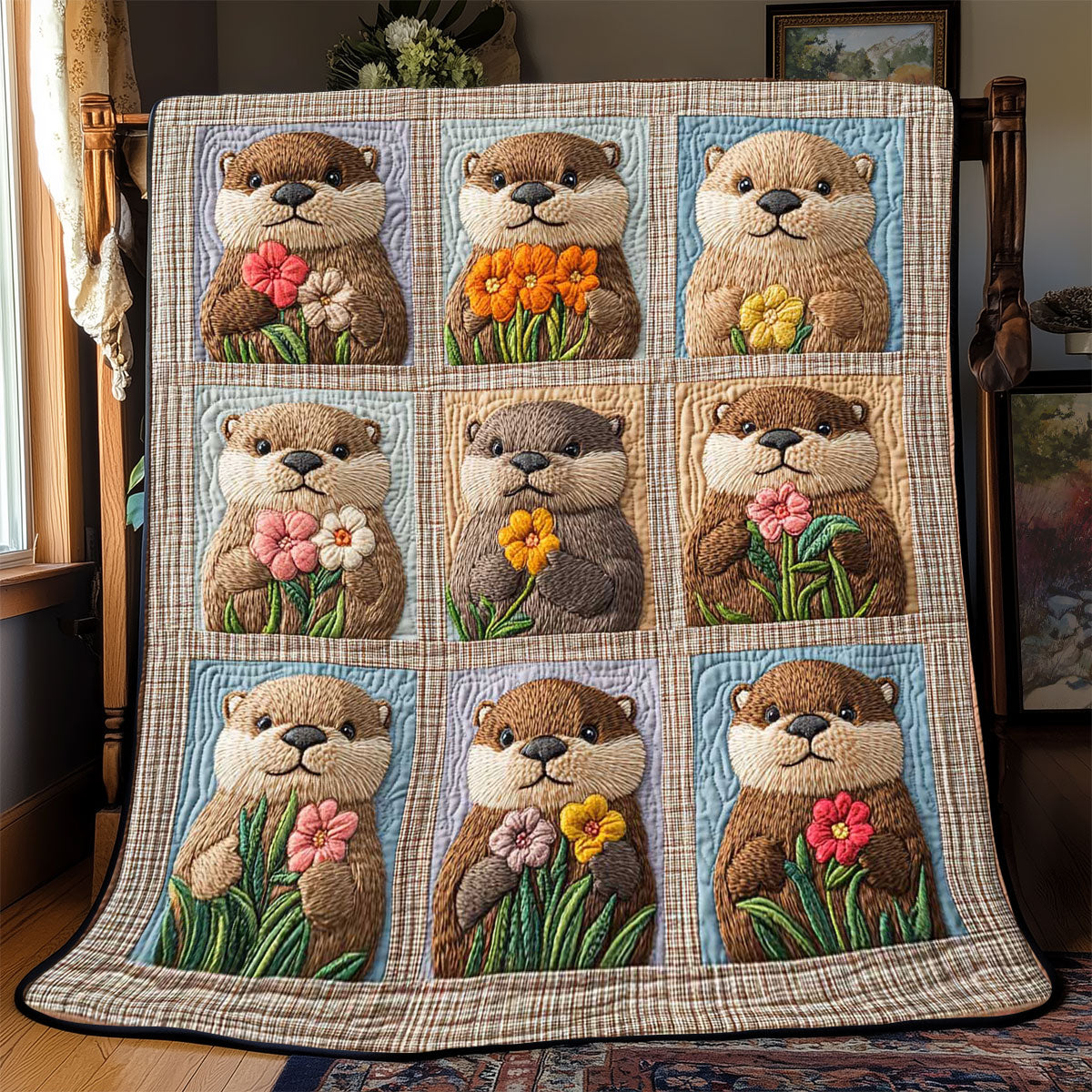 Adorable Otter Quilt Blanket Fluffy Throw Blanket Floral Gifts For Otter Lovers