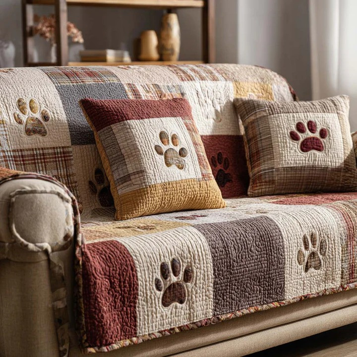 Adorable Paw Quilted Sofa Cover Pet Lover Home Decor Cozy Couch Accent Gift For Dog Moms