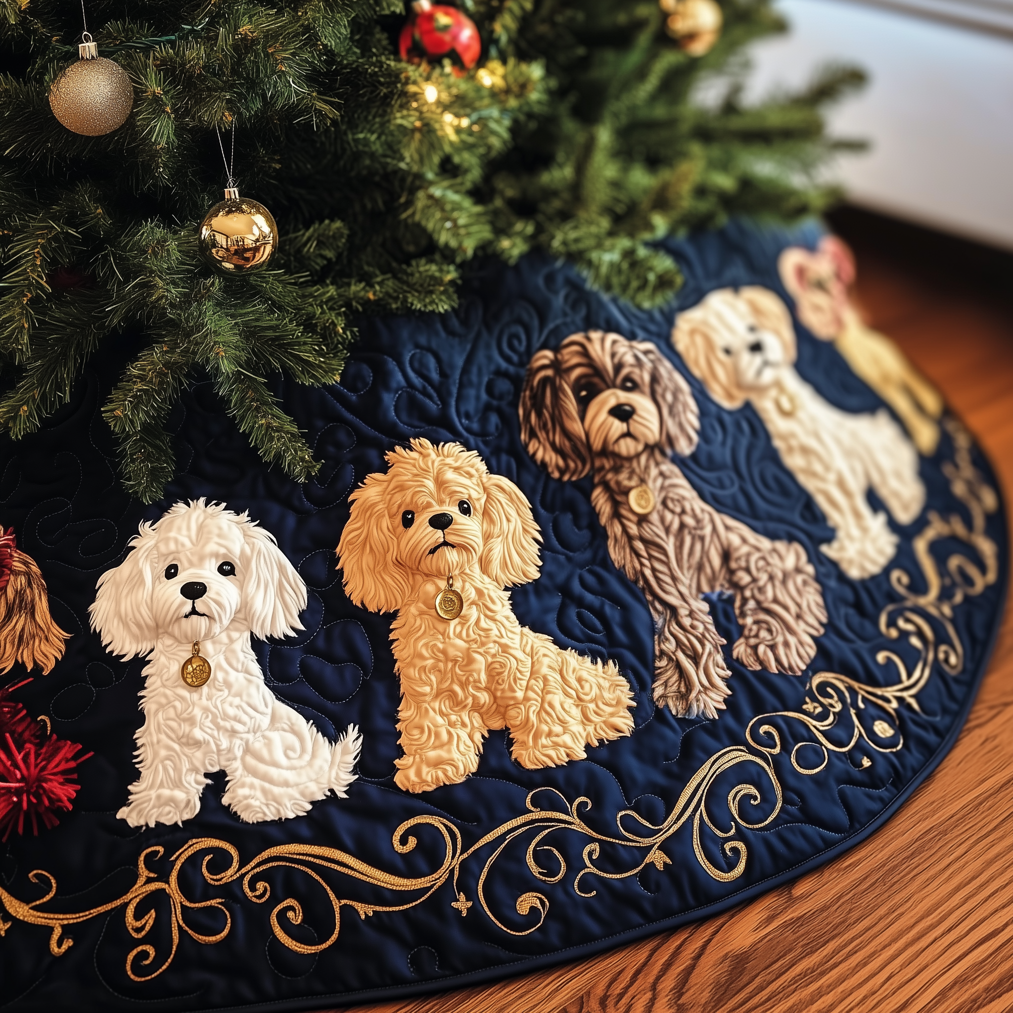 Adorable Poodle Dog Tree Skirt Cozy Quilted Puppy Design Perfect Holiday Gift