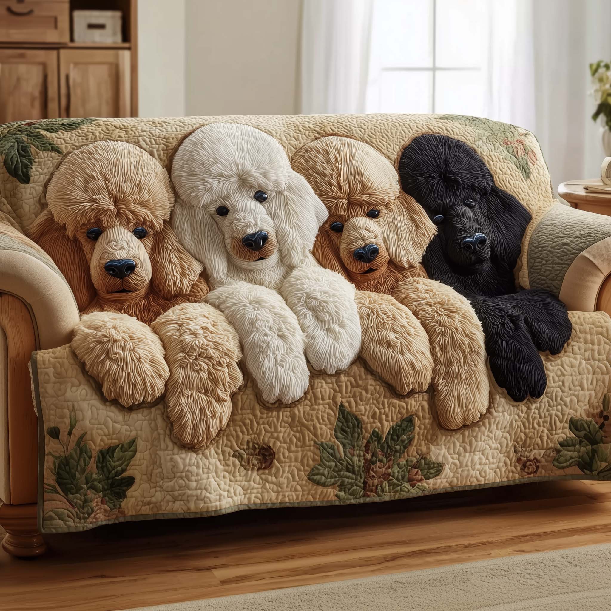 Adorable Poodle Quilted Sofa Cover Cute Dog Design Anti-Slip Poodle Related Gifts