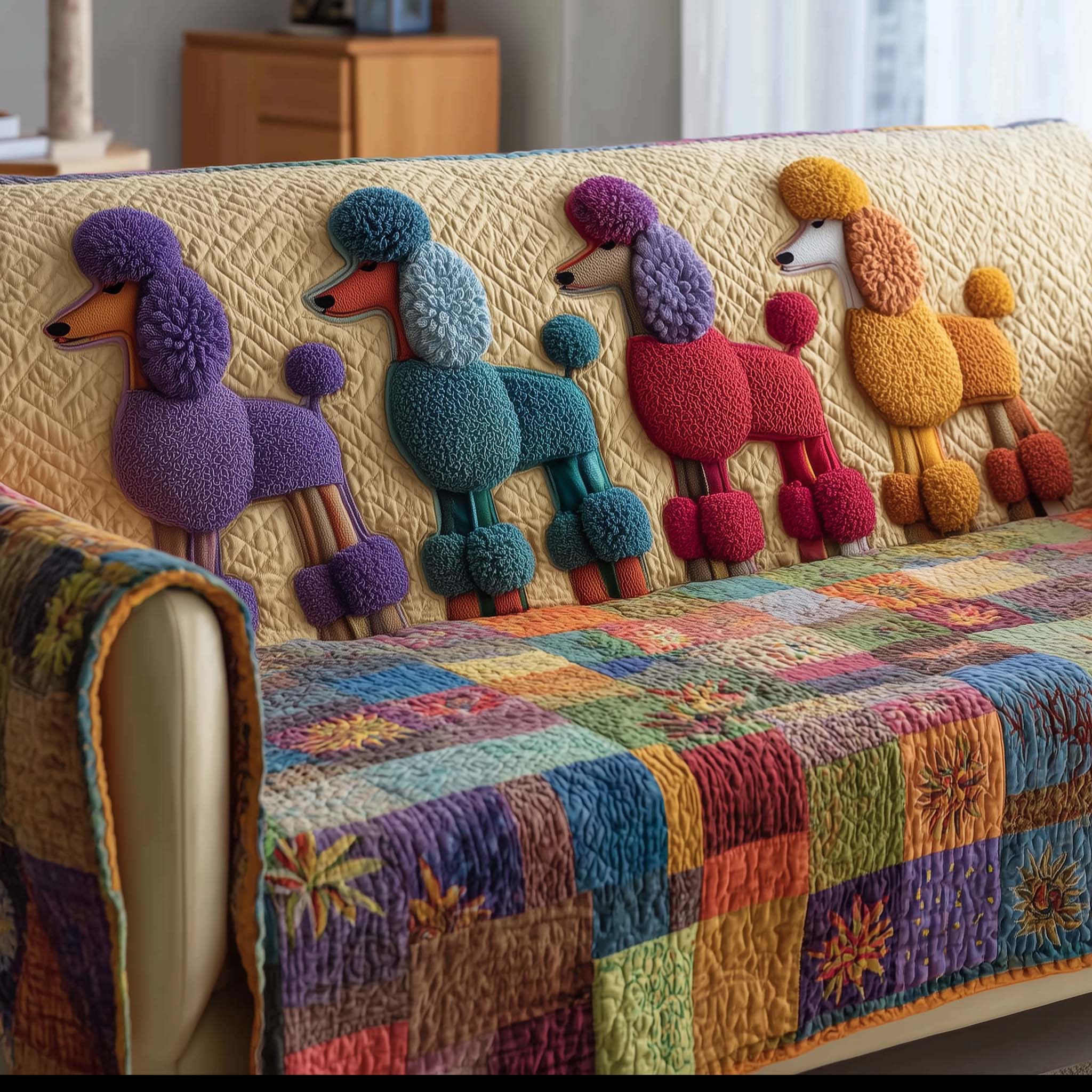 Adorable Poodle Quilted Sofa Cover Cute Dog Design Durable Sofa Cover Poodle Related Gifts