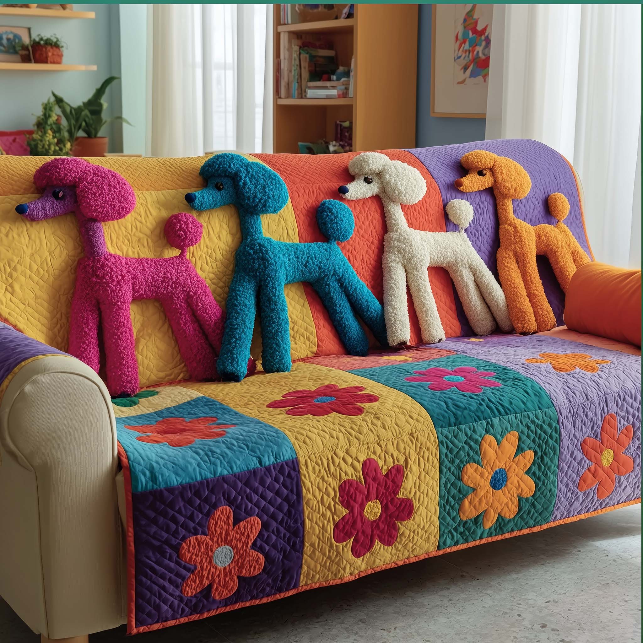 Adorable Poodle Quilted Sofa Cover Puppy Sofa Protector Elegant Design Poodle Related Gifts