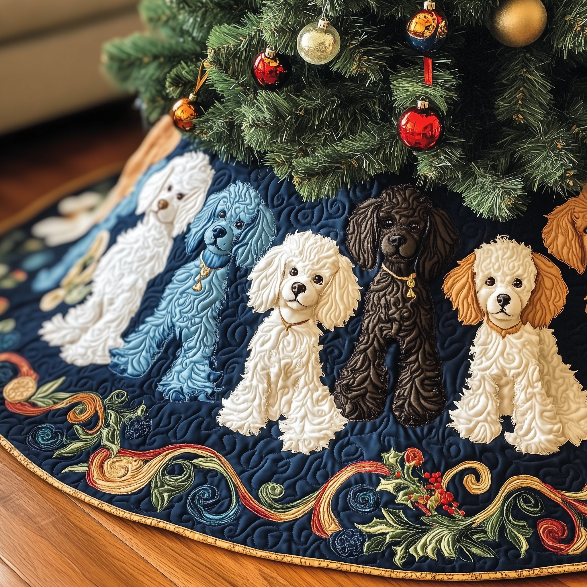 Adorable Poodle Quilted Tree Skirt Velvet Tree Skirt Christmas Gifts For Wife 2025