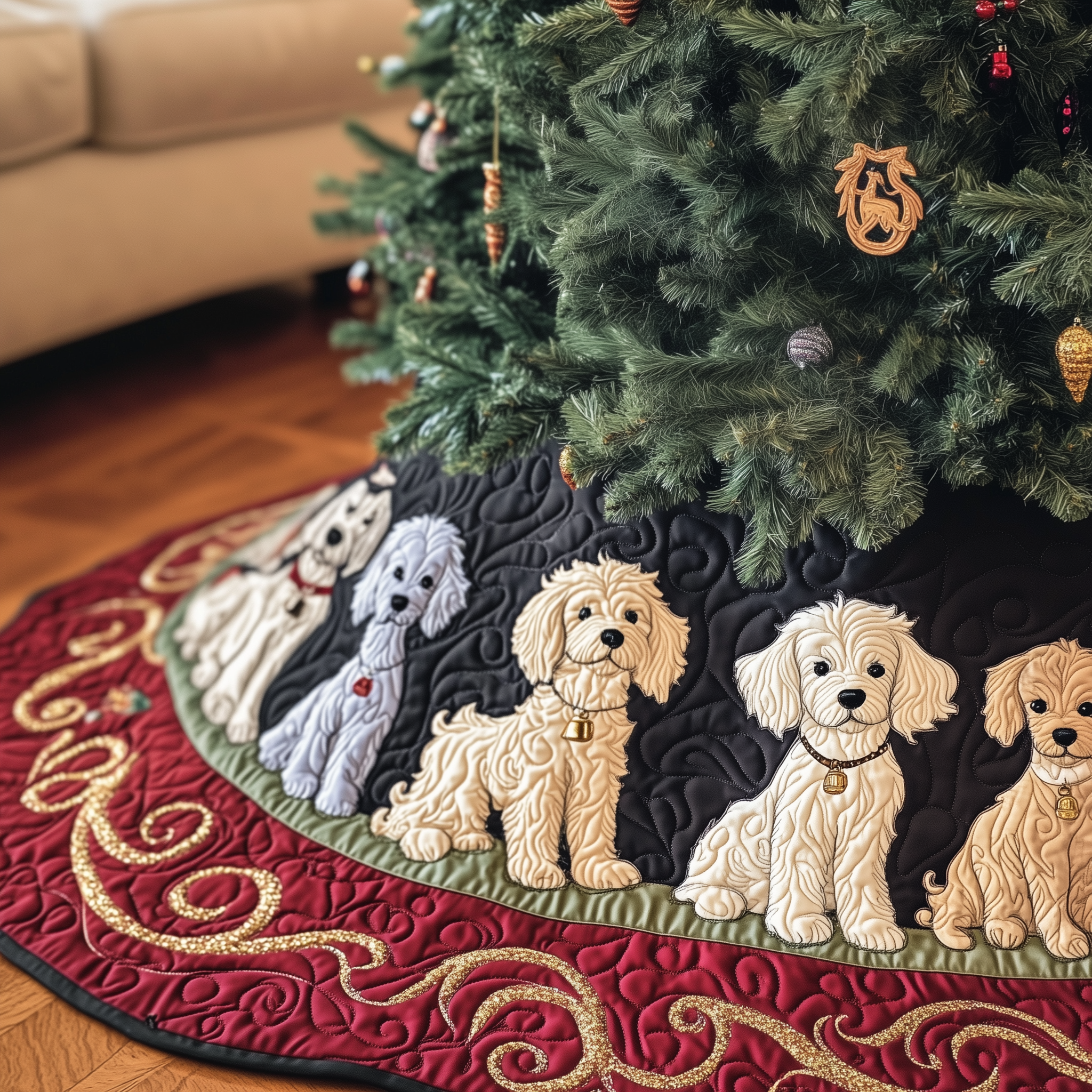 Adorable Poodle Quilted Tree Skirt Xmas Tree Base Cover Christmas Decorations Gifts For Poodle Lovers