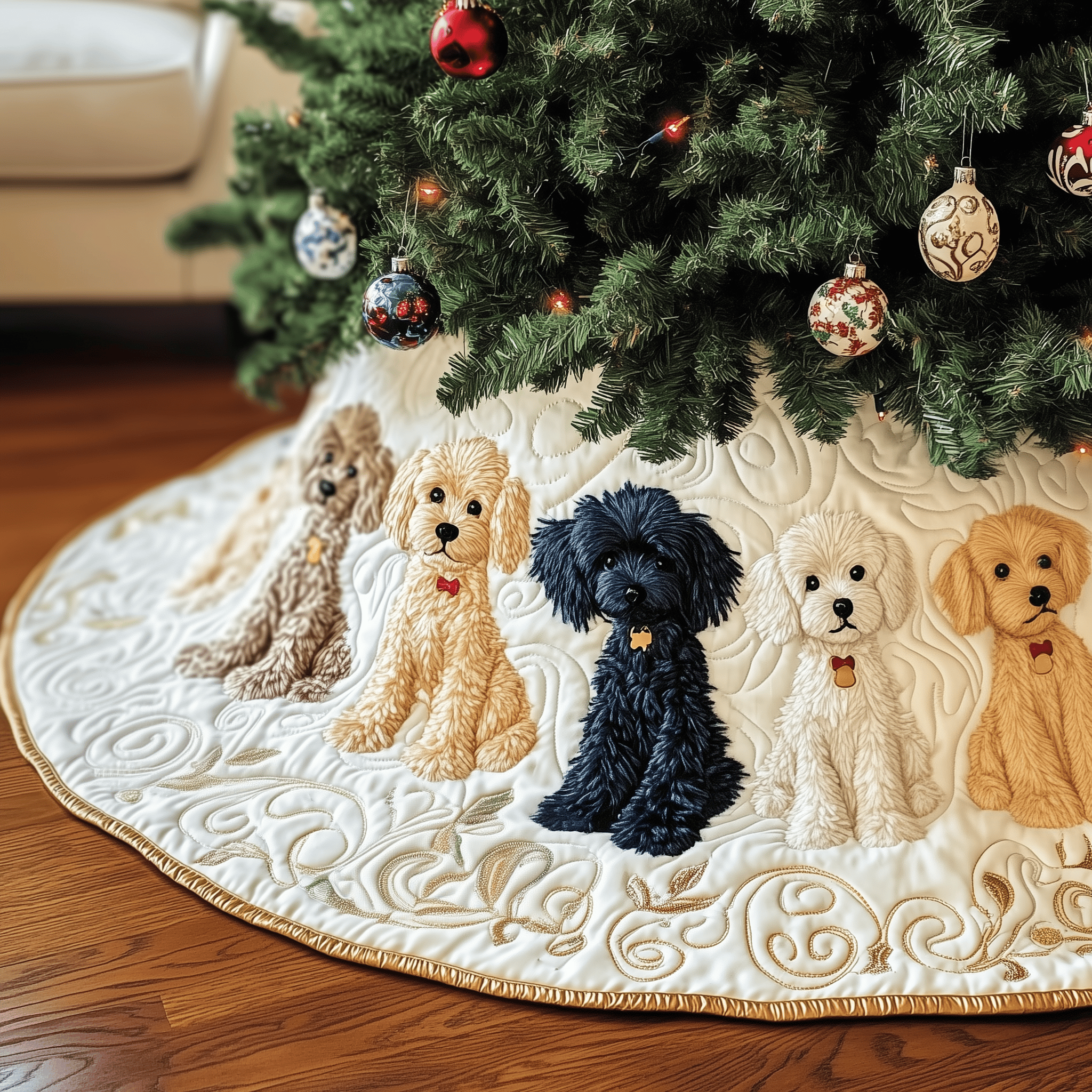 Adorable Poodle Quilted Tree Skirt Xmas Tree Base Cover Decorations Poodle Christmas Gifts