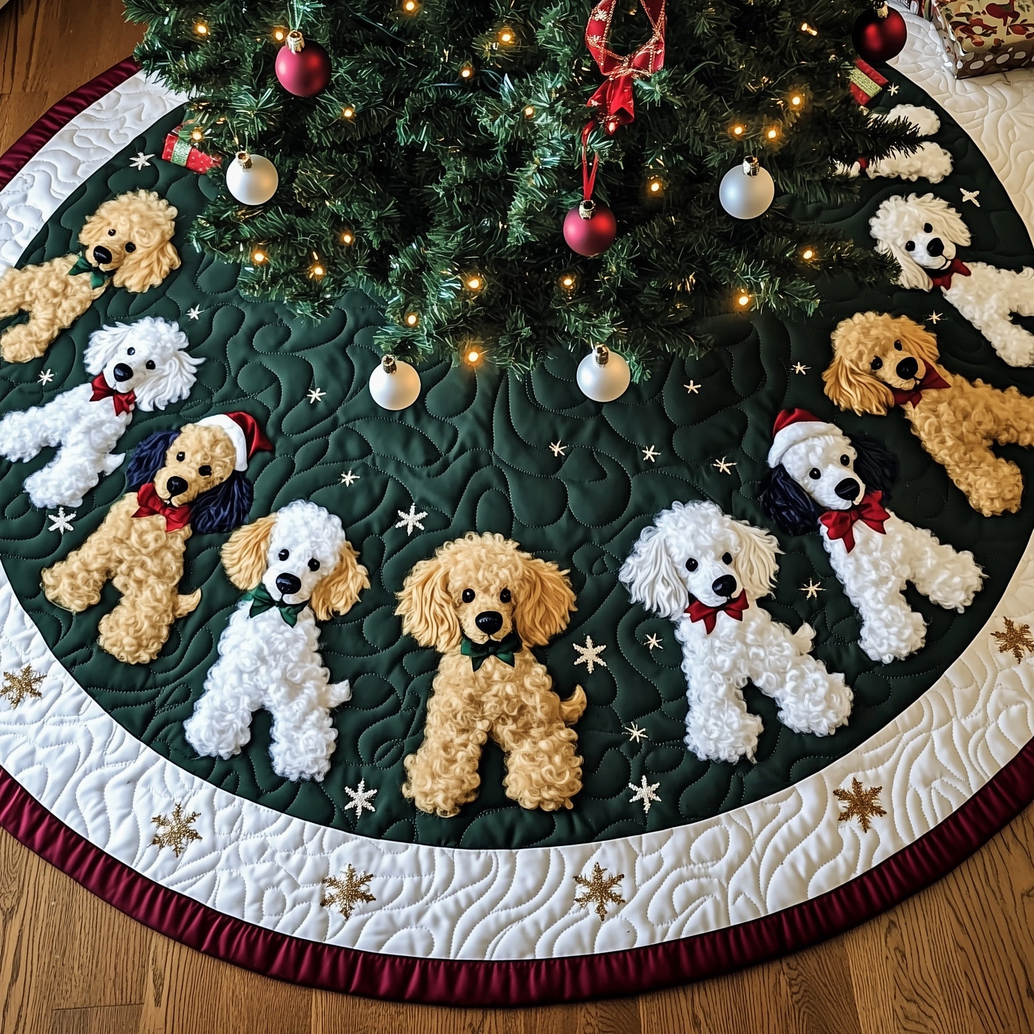 Adorable Poodle Tree Skirt Cute Multicolor Puppy Pattern Holiday Gift for Pet Owners