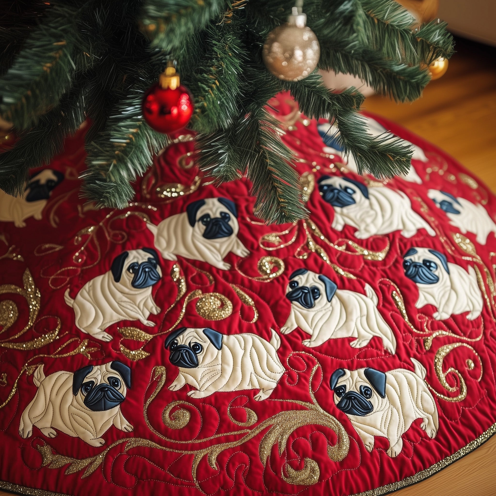 Adorable Pug Tree Skirt Quilted Holiday Dog Pattern with Gifts Perfect for Home Decor
