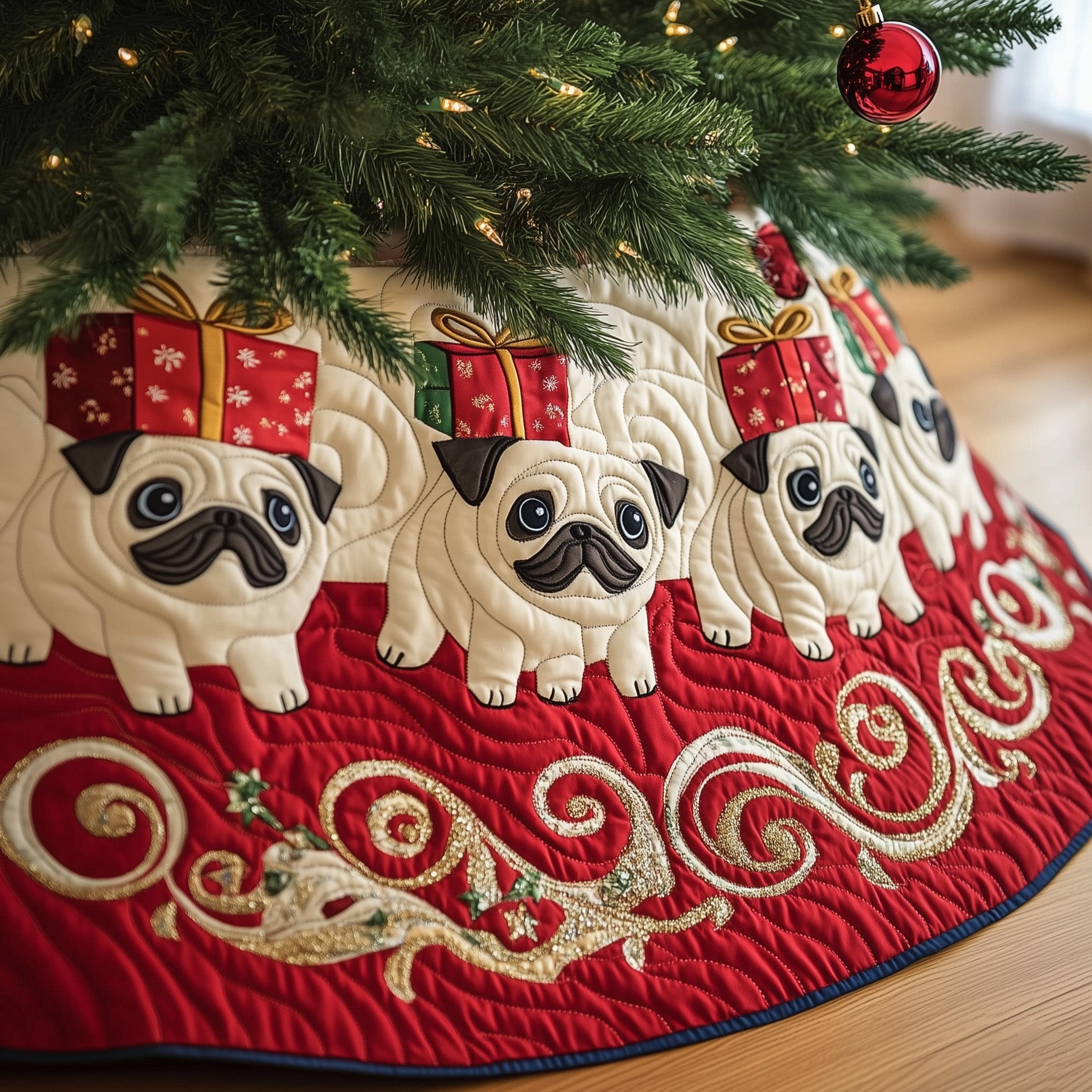 Adorable Pugs Quilted Tree Skirt Birthday Merch Gift