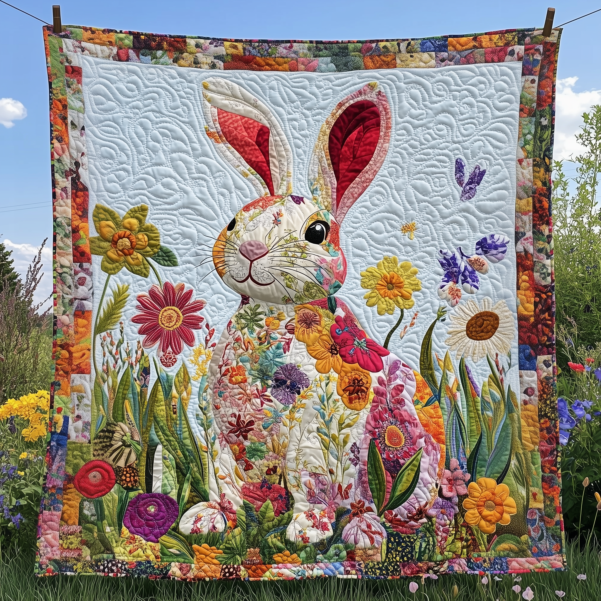 Adorable Rabbit Bunny Spring Theme Quilted Blanket Flowers Cute Presents For Rabbit Owners