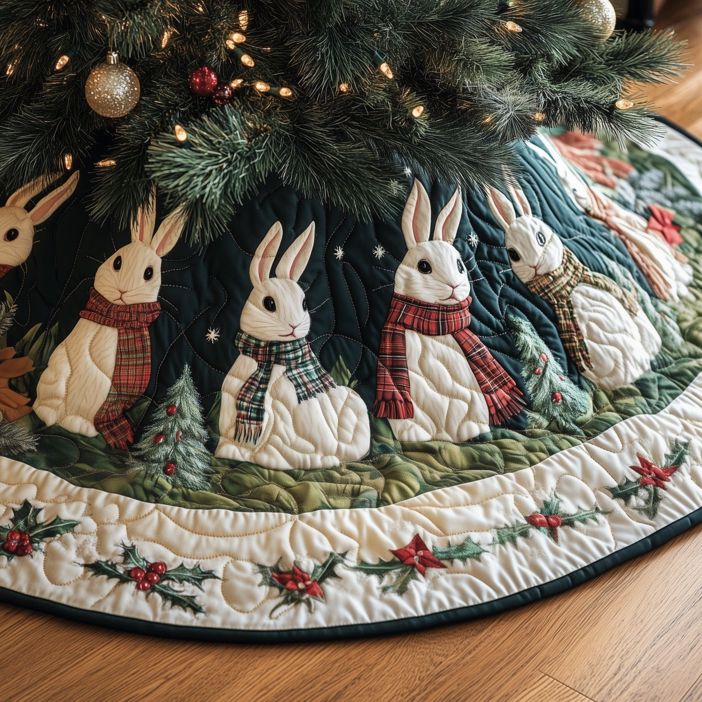 Adorable Rabbit Quilted Tree Skirt Christmas Home Decor Gifts For Bunny Rabbit Lovers