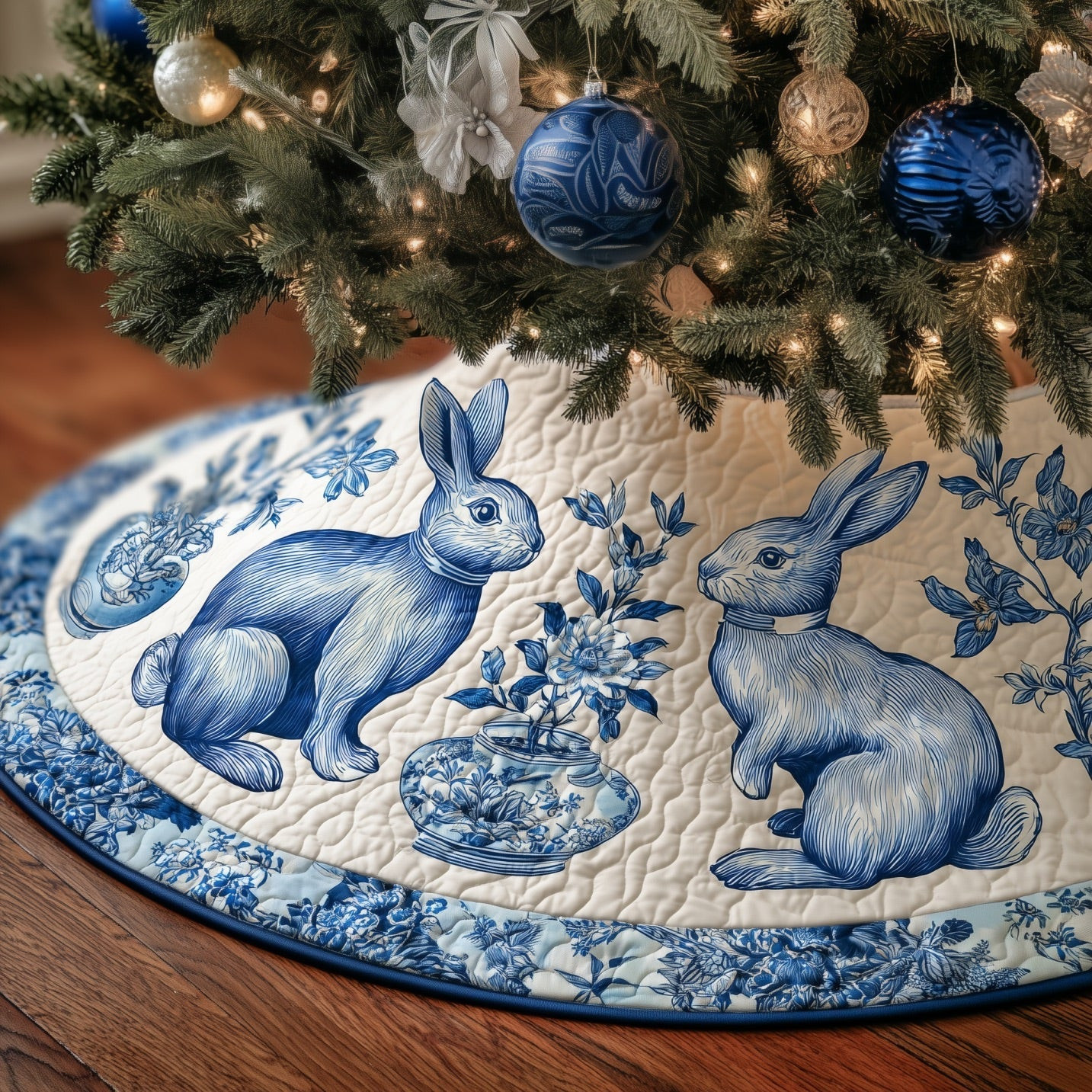 Adorable Rabbit Quilted Tree Skirt Cute Xmas Room Decorations Rabbit Presents
