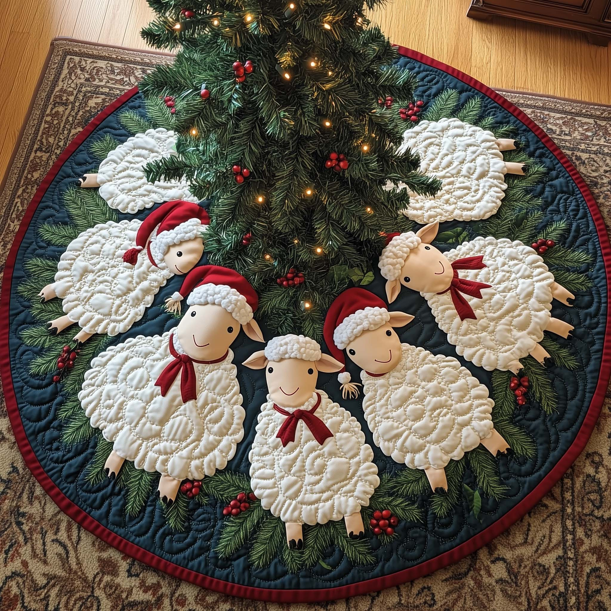 Adorable Sheep Quilted Tree Skirt Winter Decor Christmas Tree Skirt Sheep Lover Xmas Gifts