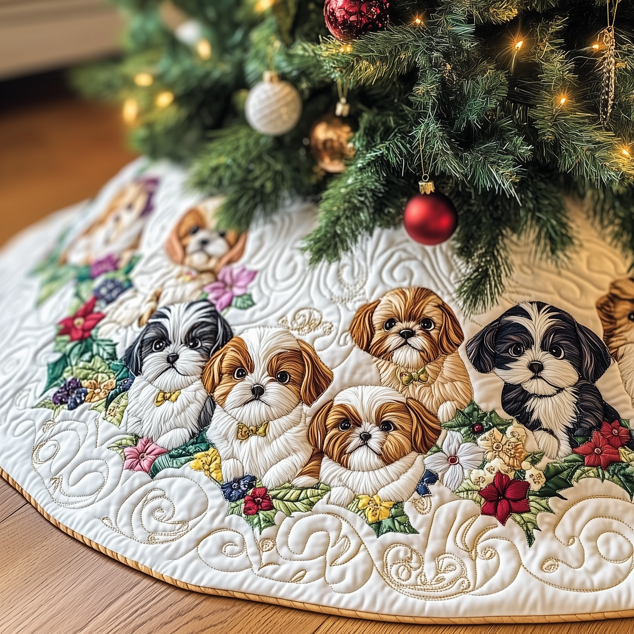 Adorable Shih Tzu Quilted Tree Skirt Halloween Merch Gift