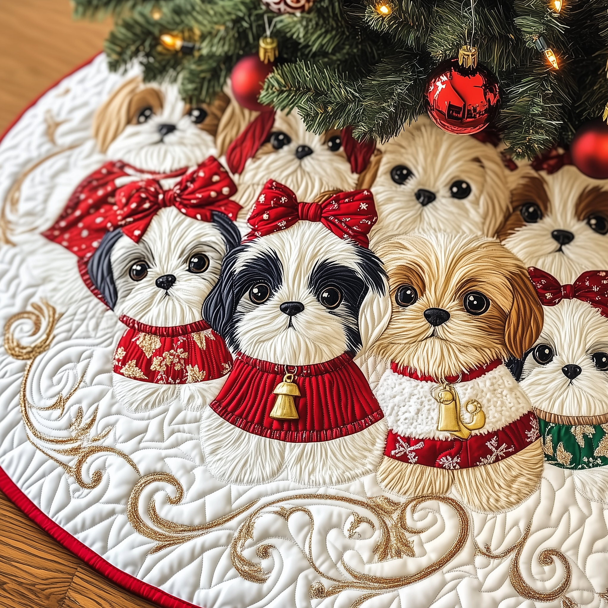 Adorable Shih Tzu Quilted Tree Skirt Xmas Tree Base Cover Decorations Christmas Best Gifts For Shih Tzu Owners
