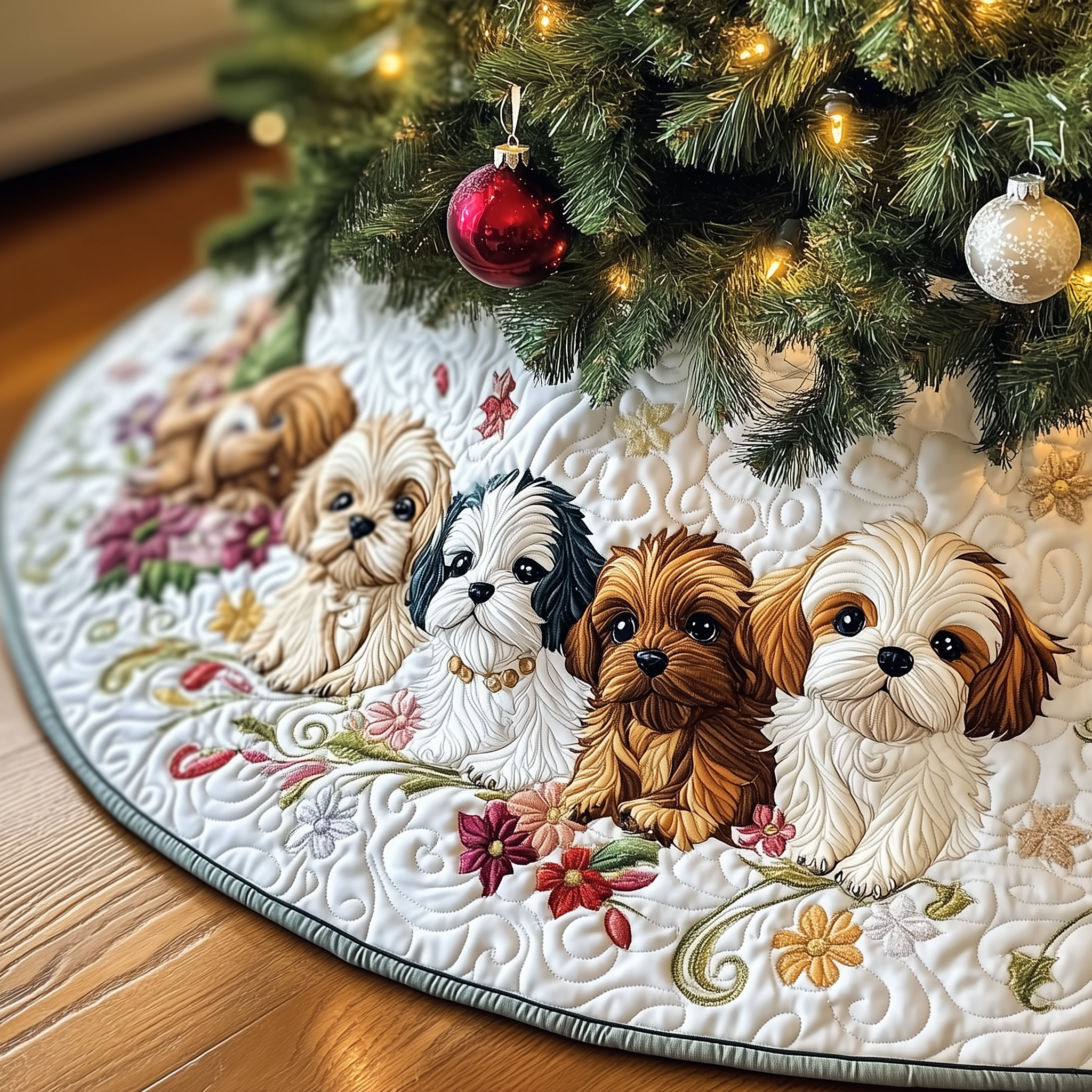 Adorable Shih Tzu Quilted Tree Skirt Xmas Tree Base Cover Decorations Christmas Best Gifts For Shih Tzu Owners