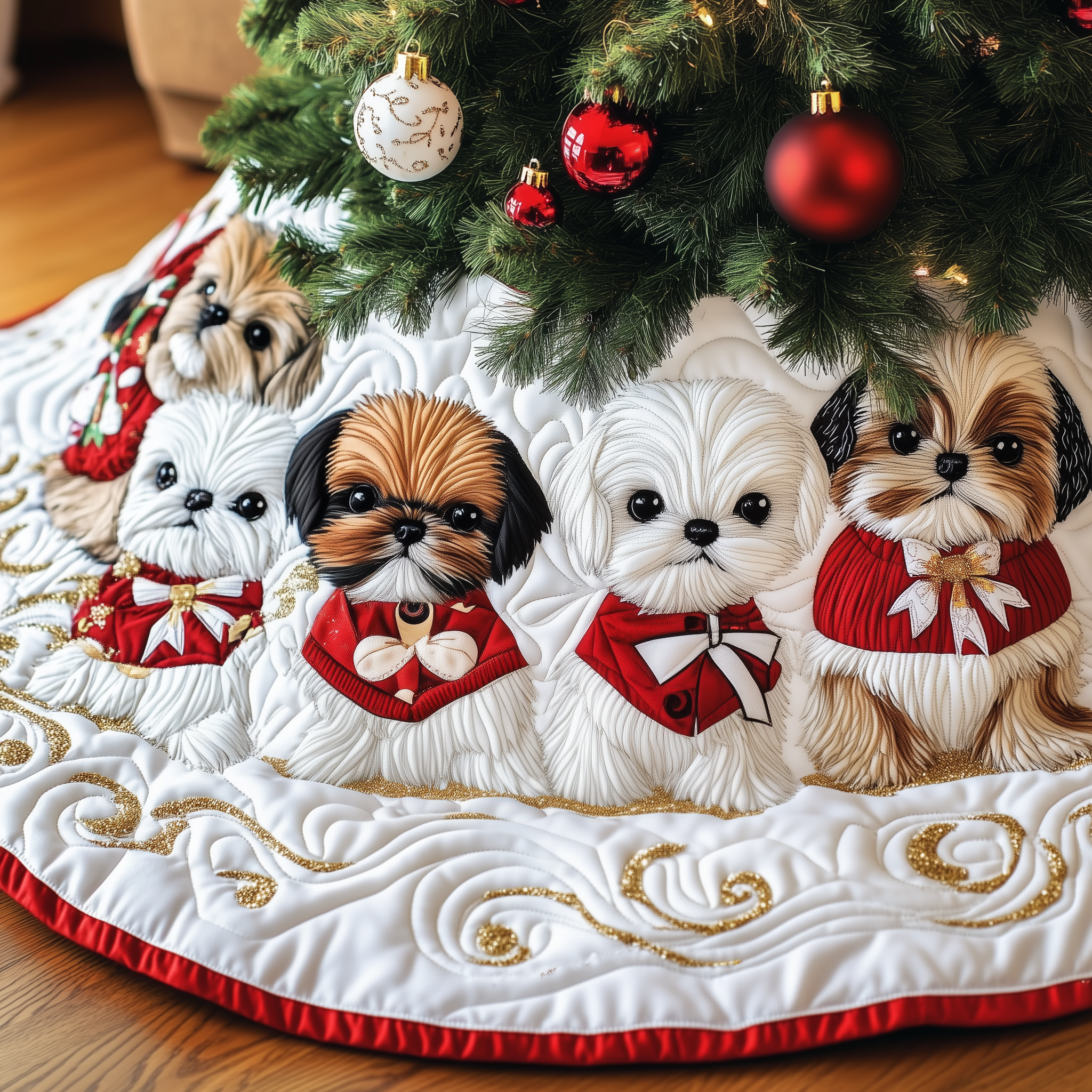 Adorable Shih Tzu Quilted Tree Skirt Xmas Tree Base Cover Decorations Christmas Best Gifts For Shih Tzu Owners