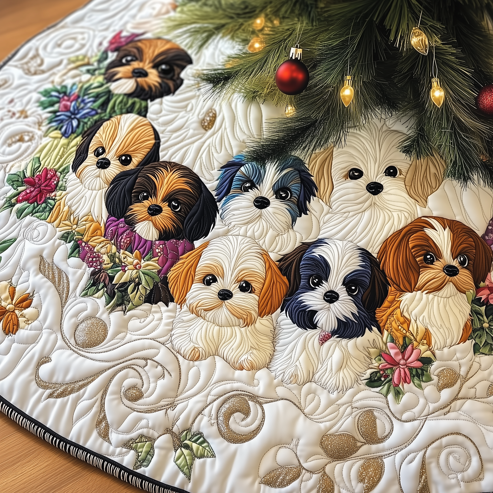Adorable Shih Tzu Quilted Tree Skirt Xmas Tree Base Cover Decorations Christmas Best Gifts For Shih Tzu Owners