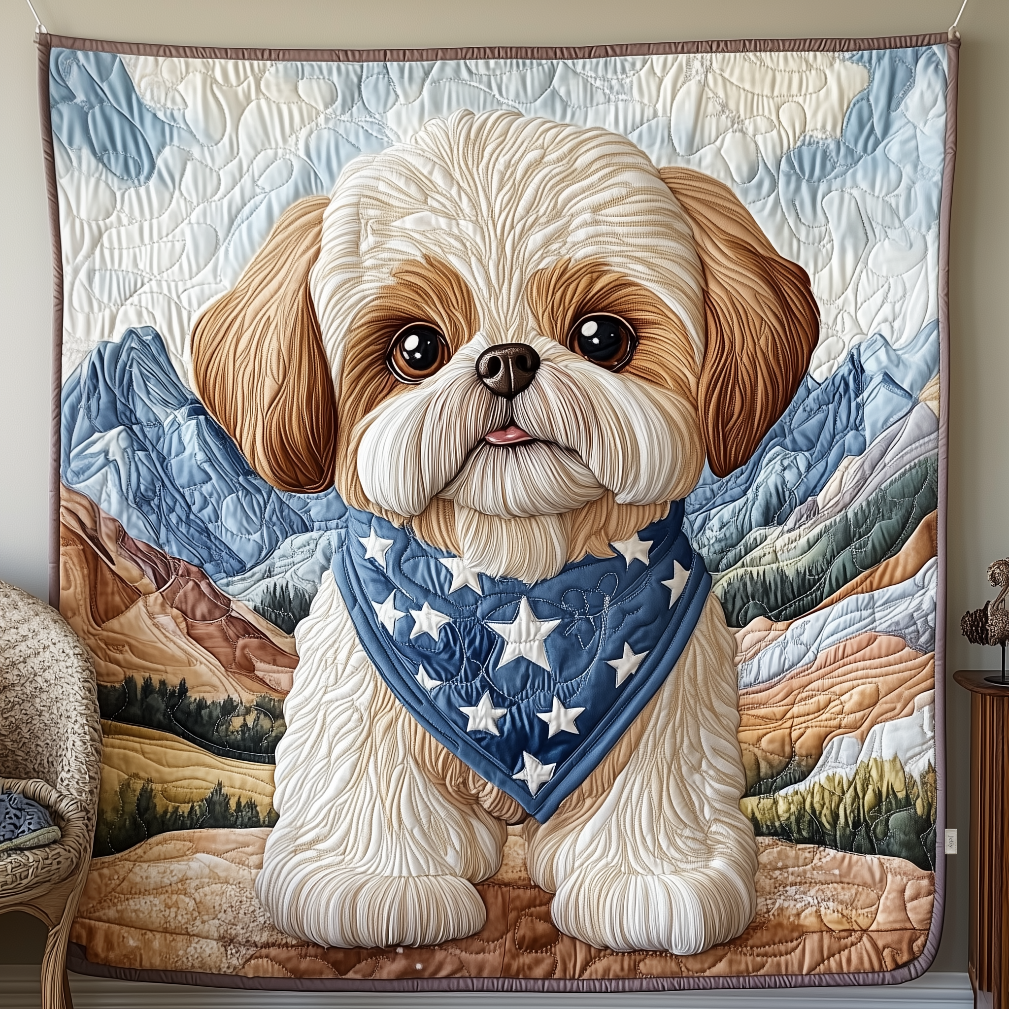 Adorable Shih Tzu Sweet Face Quilted Blanket Puppy With Star Bandana Shih Tzu Owner Gift Ideas