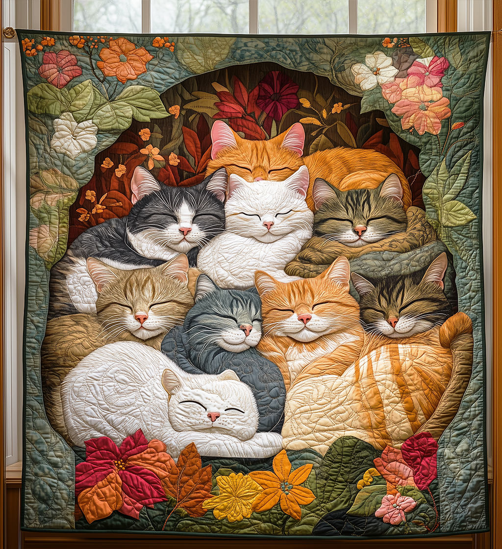 Adorable Sleeping Cats Motif Quilted Blanket Gifts For People Who Love Cats