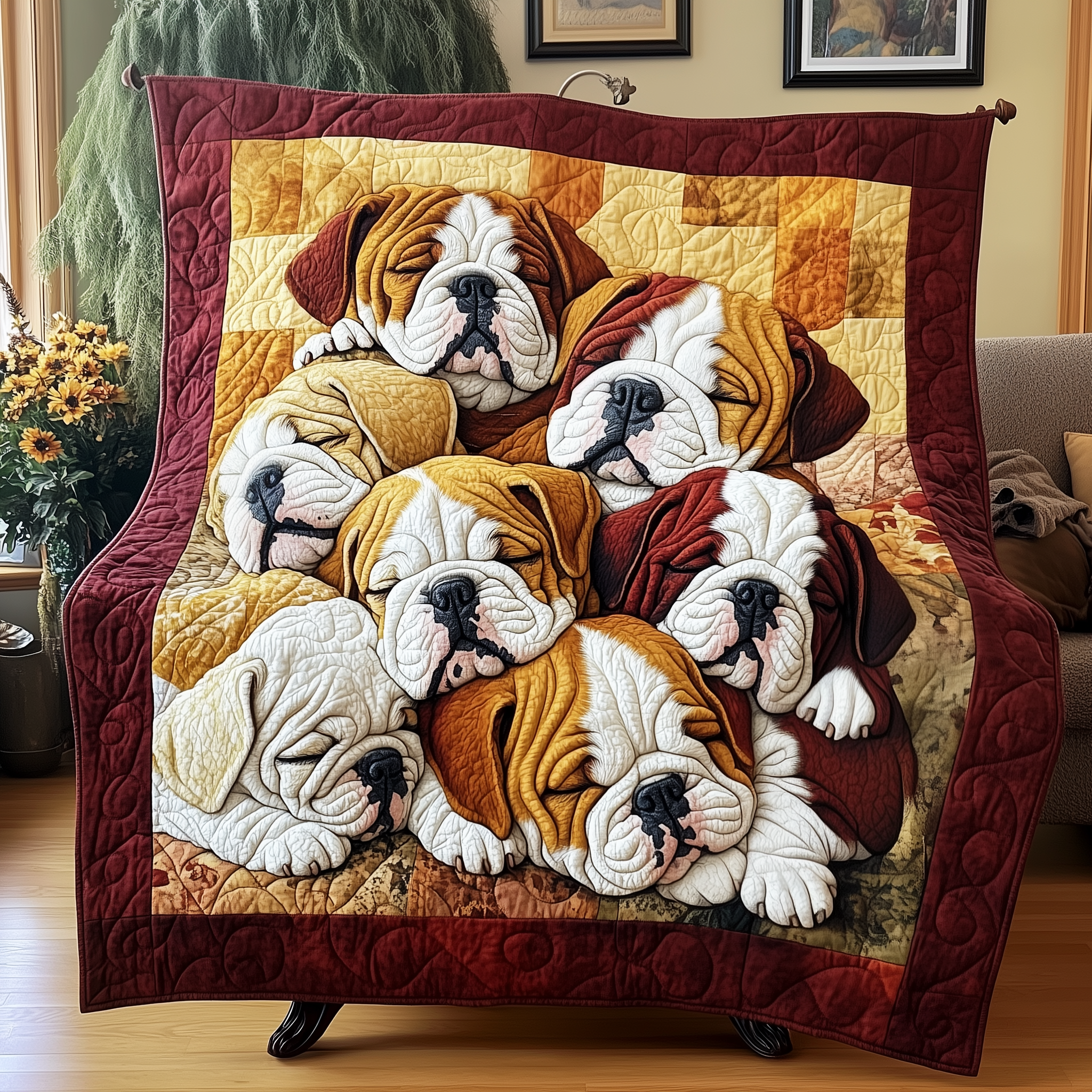 Adorable Sleepy Bulldogs Pattern Quilted Blanket Best Gifts For French Bulldog Owners
