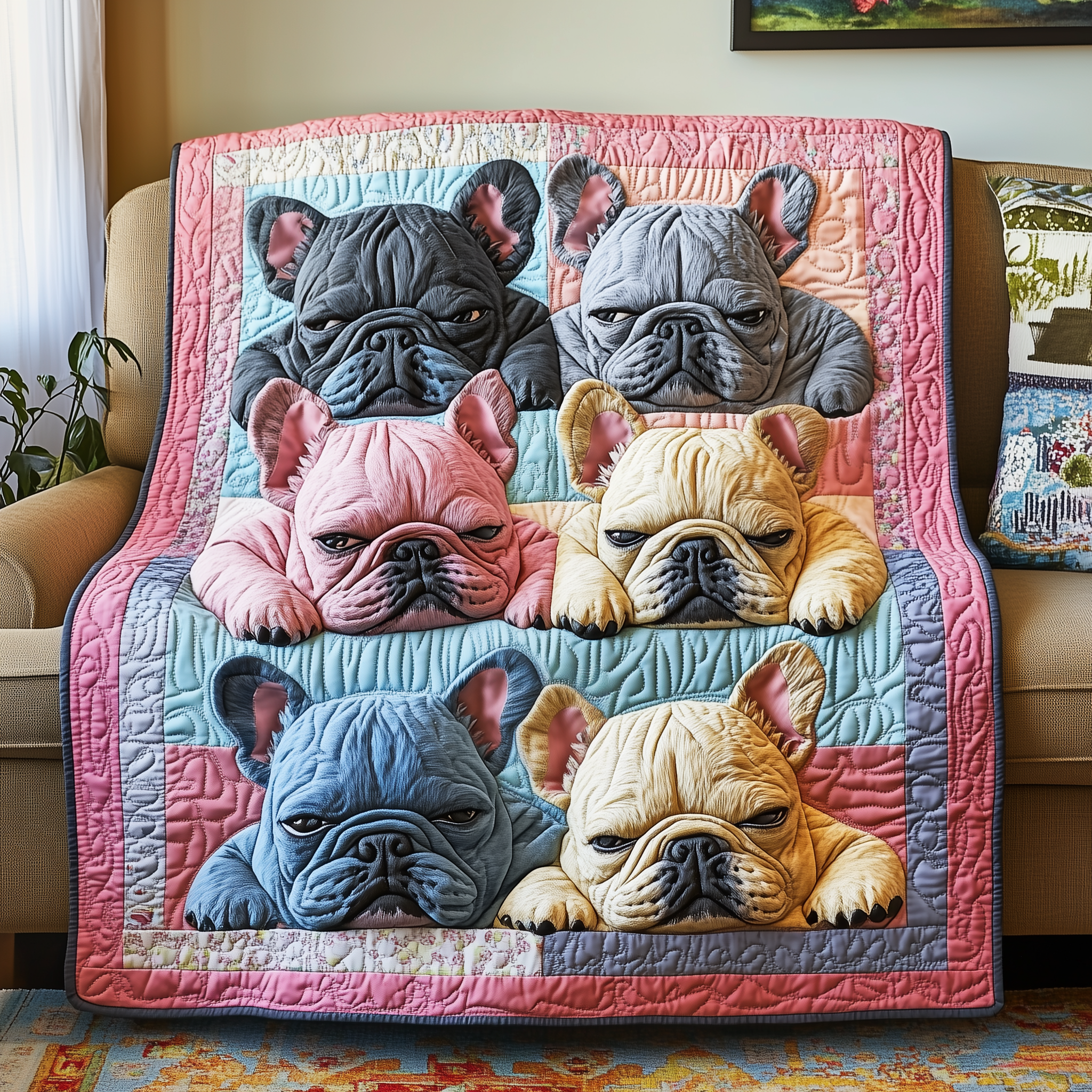 Adorable Sleepy French Bulldogs Elegant Quilted Blanket French Bulldog Lover Gifts
