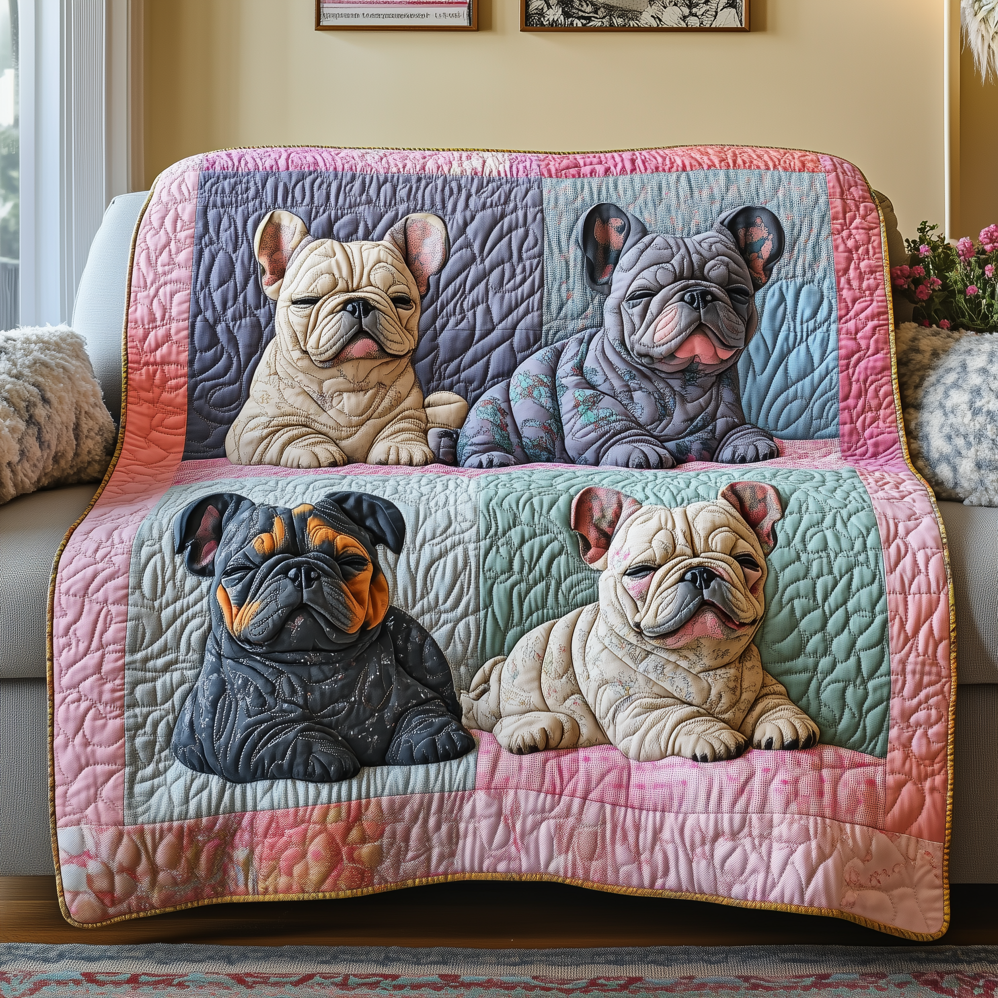 Adorable Sleepy French Bulldogs Modern Quilted Blanket French Bulldog Gifts For Her