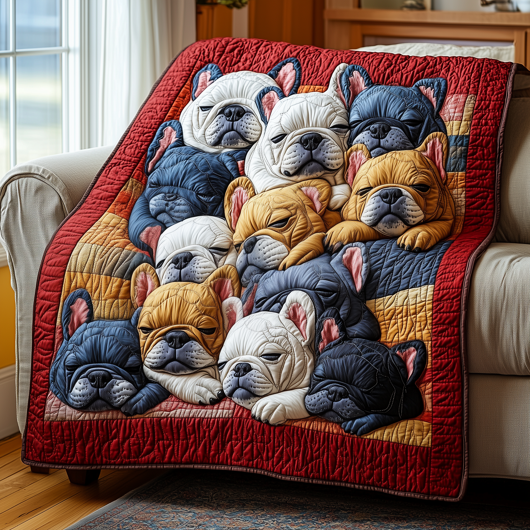 Adorable Sleepy French Bulldogs Motif Quilted Blanket Bulldog Themed Gifts