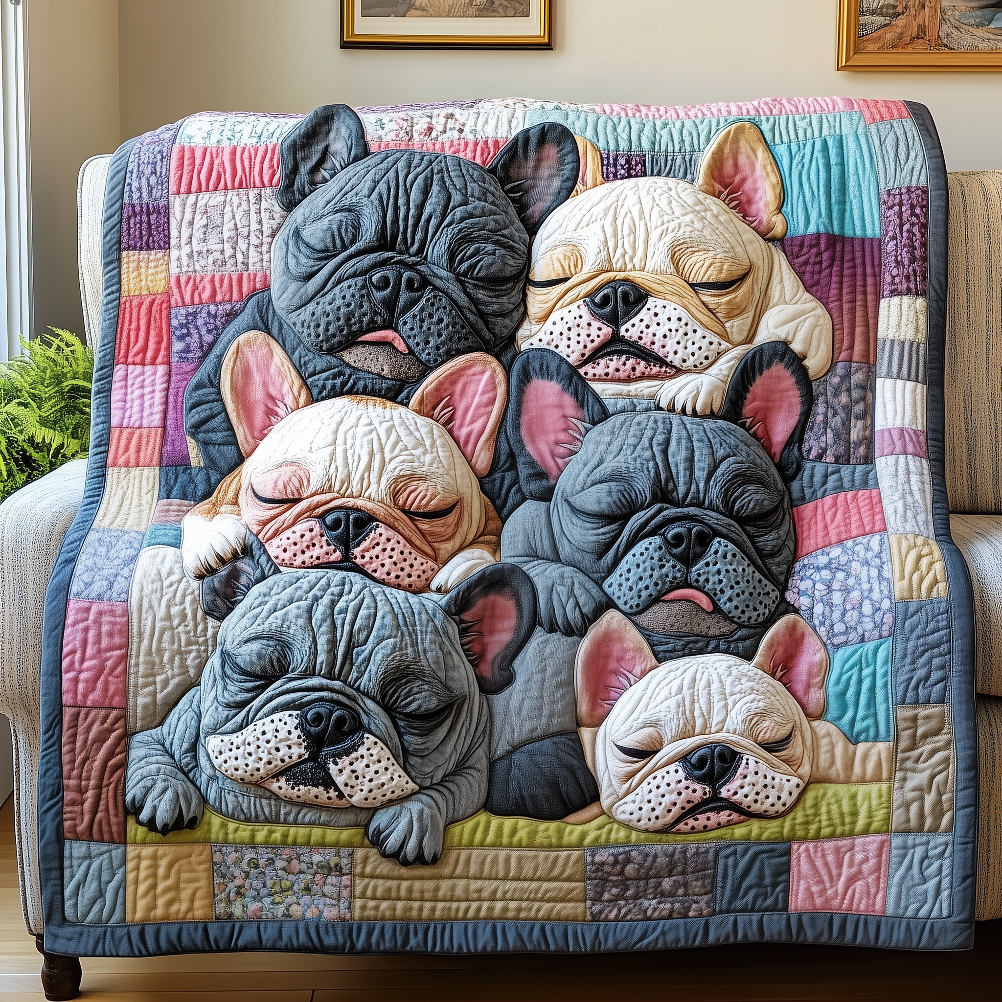 Adorable Sleepy French Bulldogs Retro Quilted Blanket French Bulldog Dad Gifts