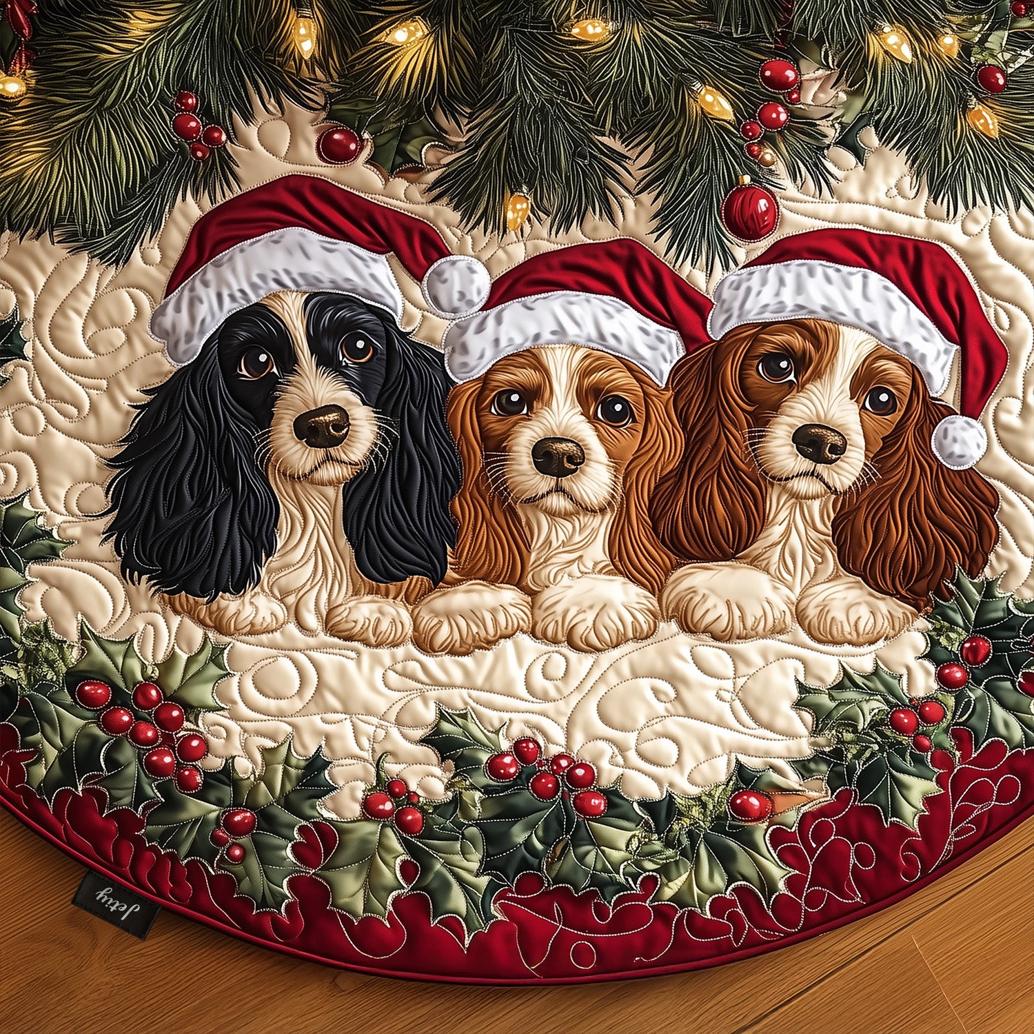 Adorable Spaniel Quilted Christmas Tree Skirt Holiday Living Room Decor
