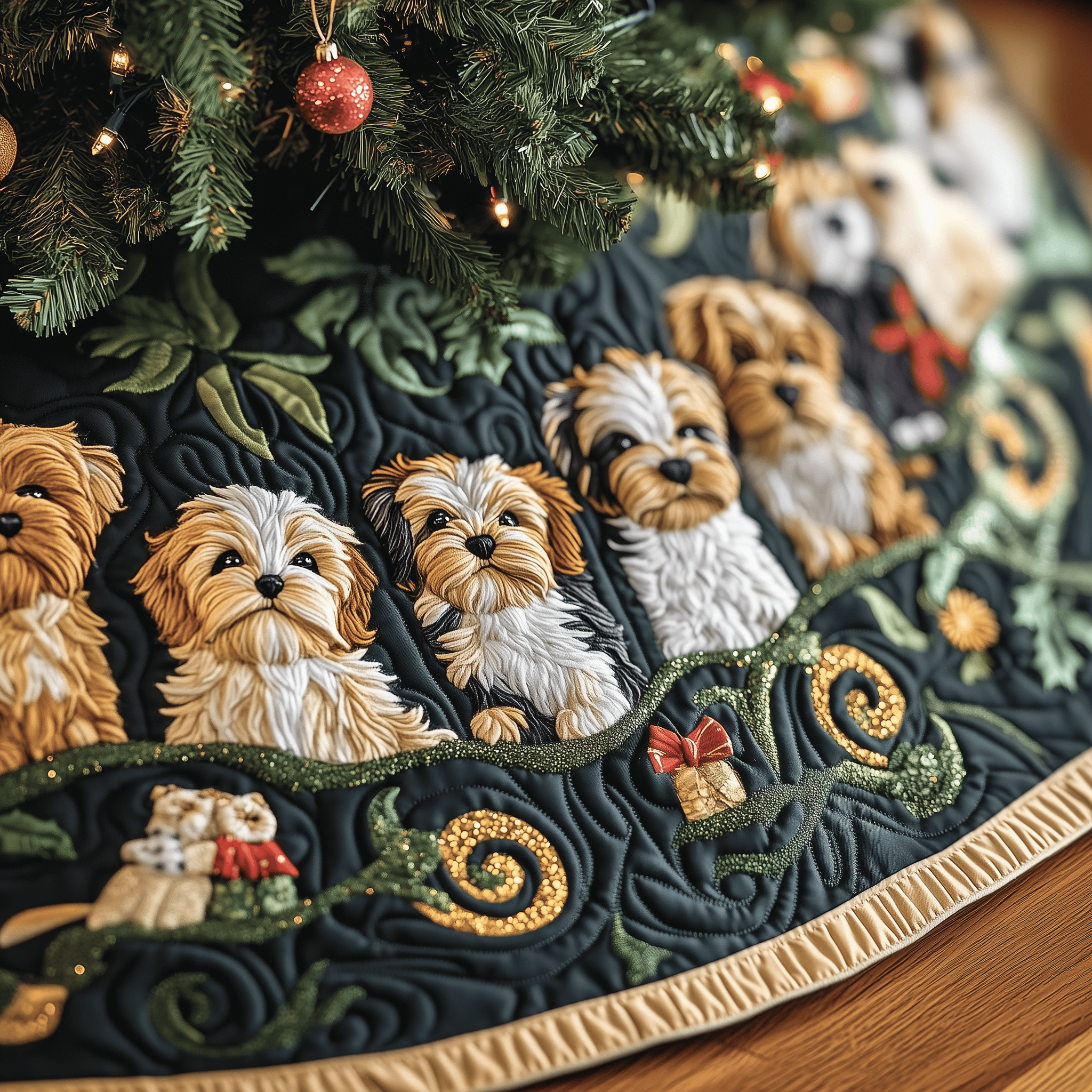 Adorable Yorkshire Terrier Quilted Tree Skirt Vintage Christmas Tree Skirt Nana Xmas Presents