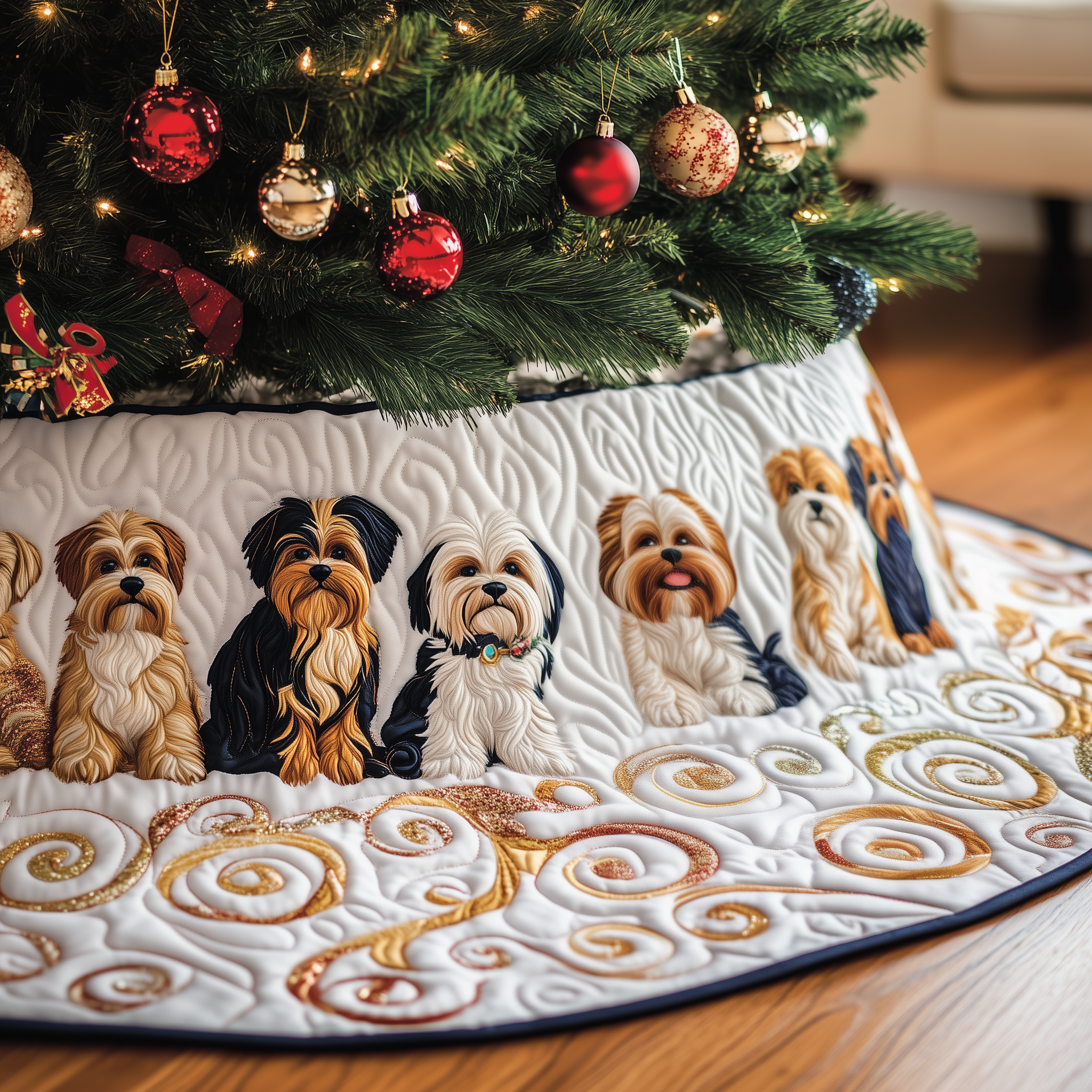 Adorable Yorkshire Terrier Quilted Tree Skirt Xmas Tree Base Cover Christmas Gifts For Yorkshire Terrier Lovers