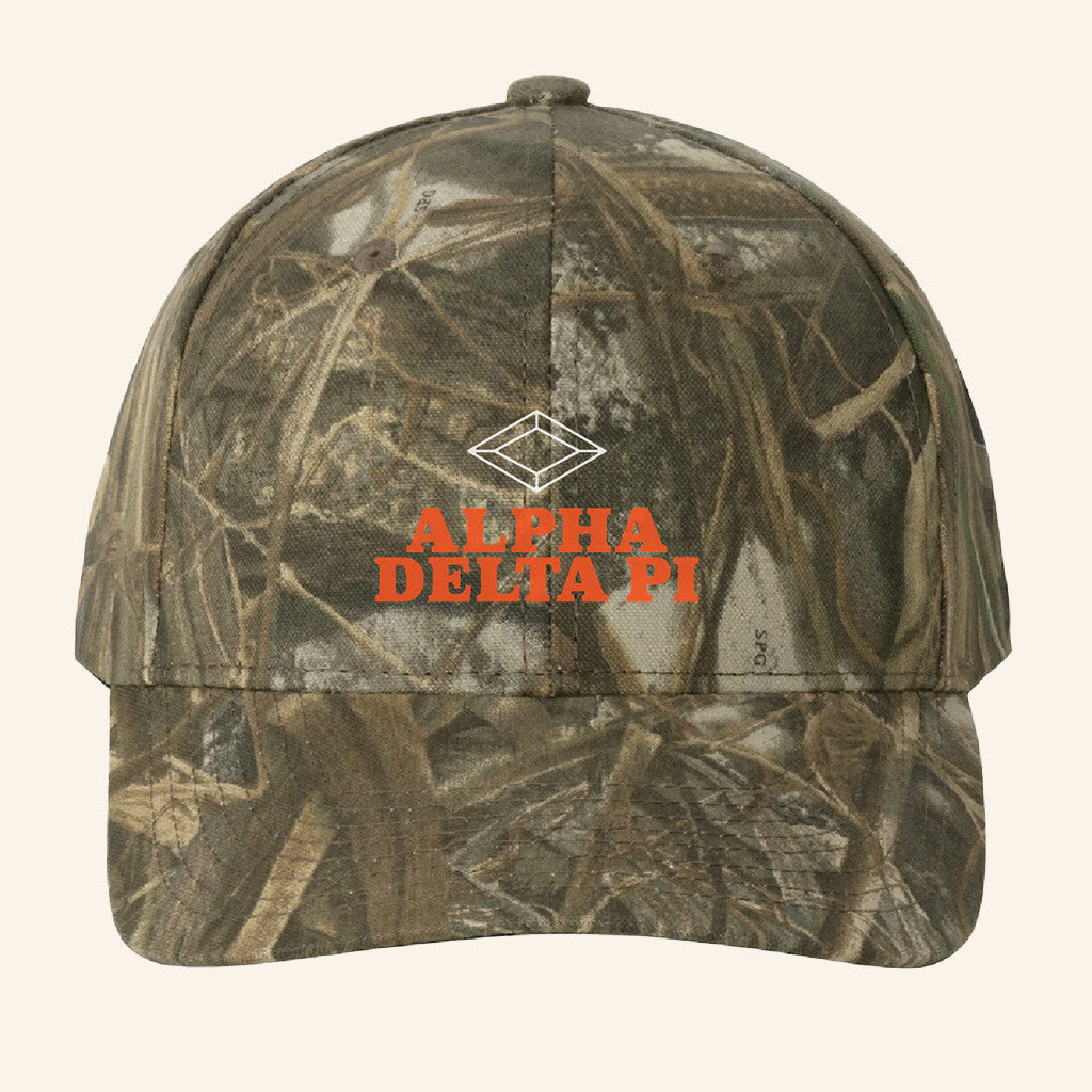 ADPI Merch Alpha Delta Pi Orange Embroidered Camo Hat Unique Gift For Boyfriend Birthday