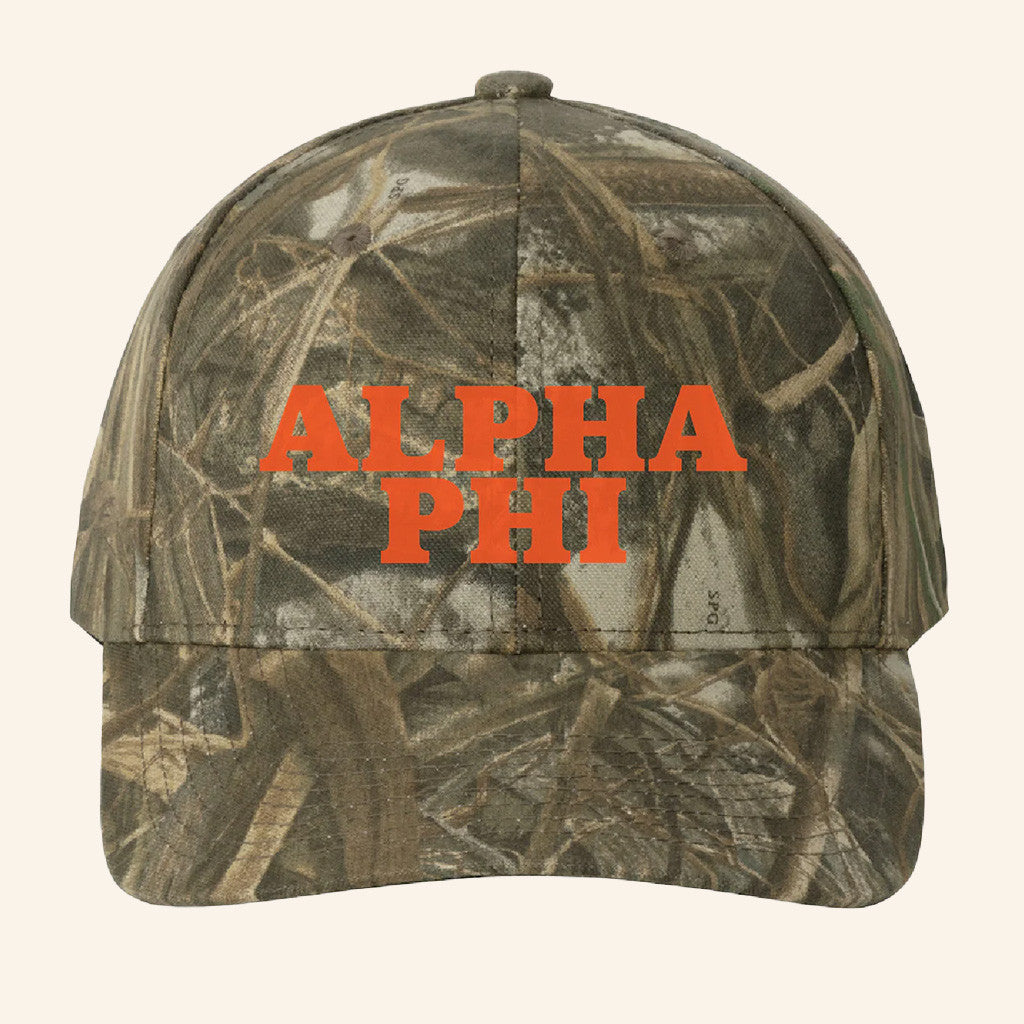 ADPI Merch Alpha Phi Orange Embroidered Camo Hat Birthday Gift Ideas For Him ADPI Merch Alpha Phi Orange Embroidered Camo Hat Birthday Gift Ideas For Him