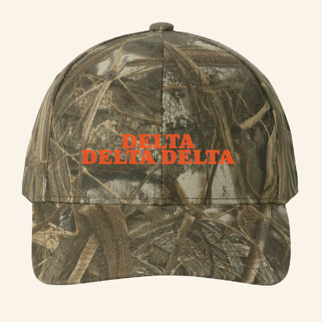 ADPI Merch Delta Delta Delta Orange Embroidered Camo Hat Gift Ideas For Boyfriend ADPI Merch Delta Delta Delta Orange Embroidered Camo Hat Gift Ideas For Boyfriend