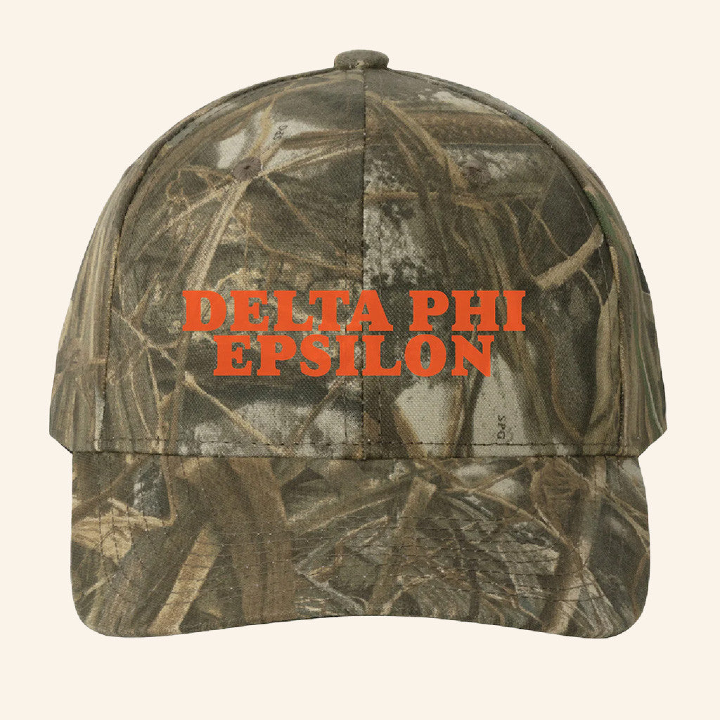 ADPI Merch Delta Phi Epsilon Orange Embroidered Camo Hat Gift Ideas For Him ADPI Merch Delta Phi Epsilon Orange Embroidered Camo Hat Gift Ideas For Him