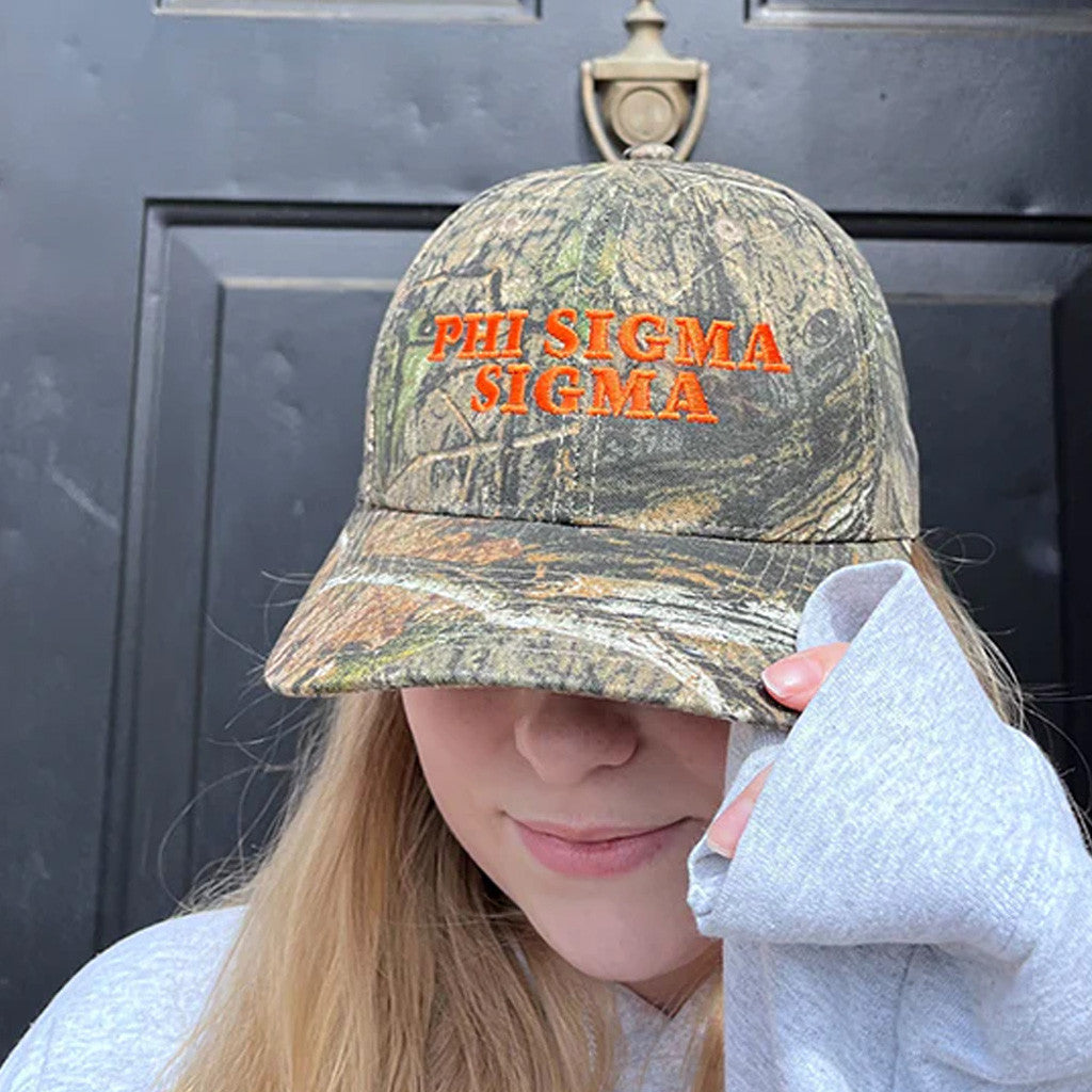 ADPI Merch Phi Sigma Sigma Orange Embroidered Camo Hat Gift Ideas For Her ADPI Merch Phi Sigma Sigma Orange Embroidered Camo Hat Gift Ideas For Her