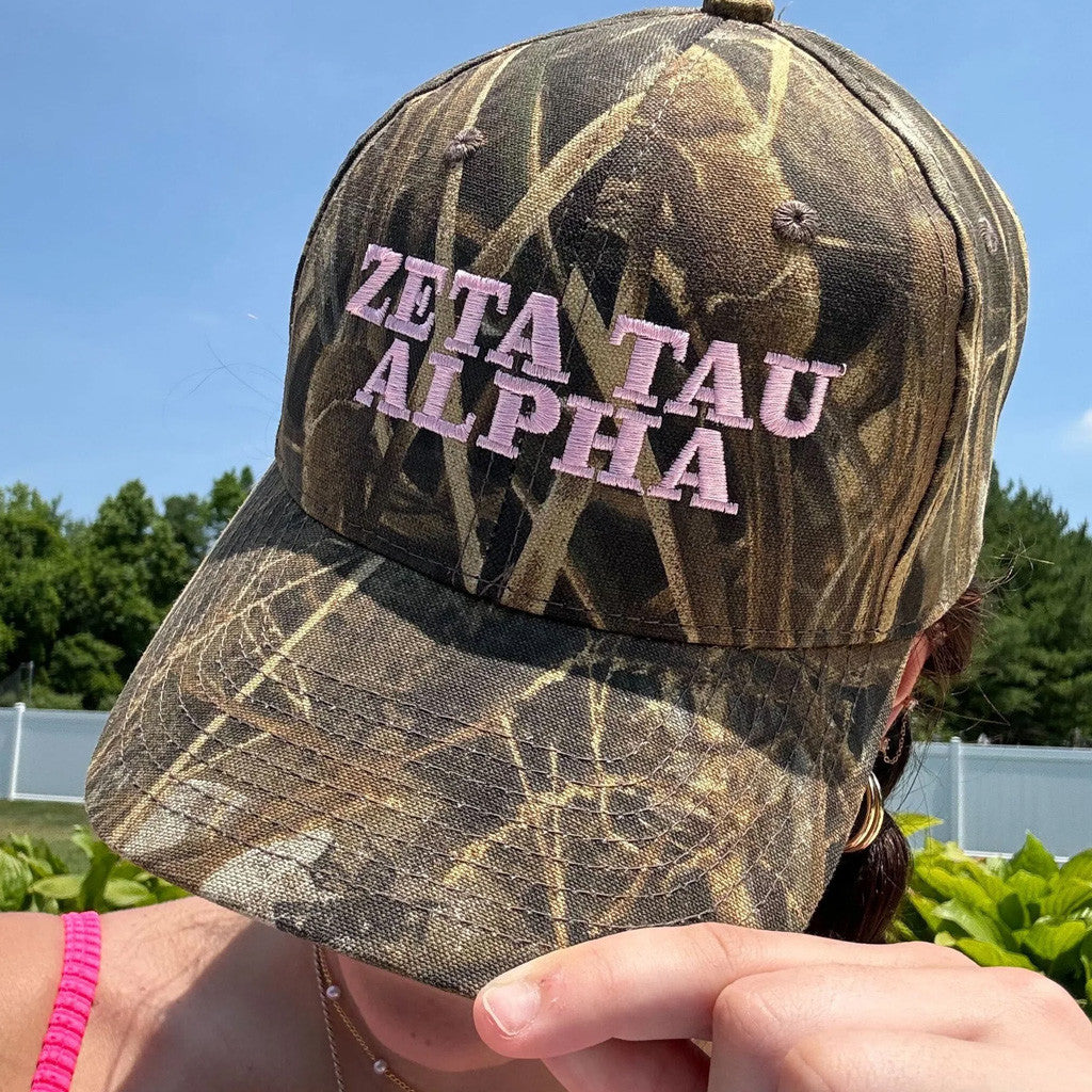 ADPI Merch Zeta Tau Alpha Pink Embroidered Camo Hat Gift Ideas For Her