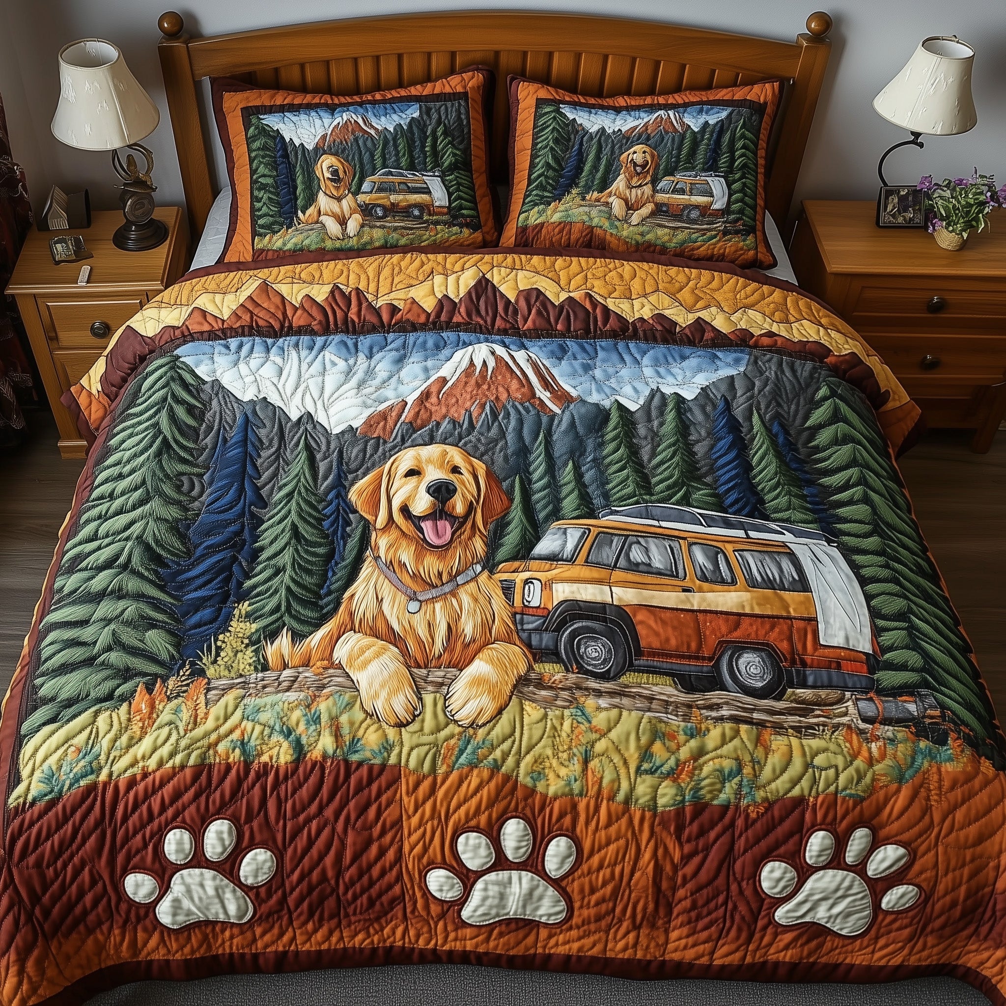Adventure Golden Retriever Quilted Bedding Set Duvet Cover Merchandise Cool Gifts For Dog Owners