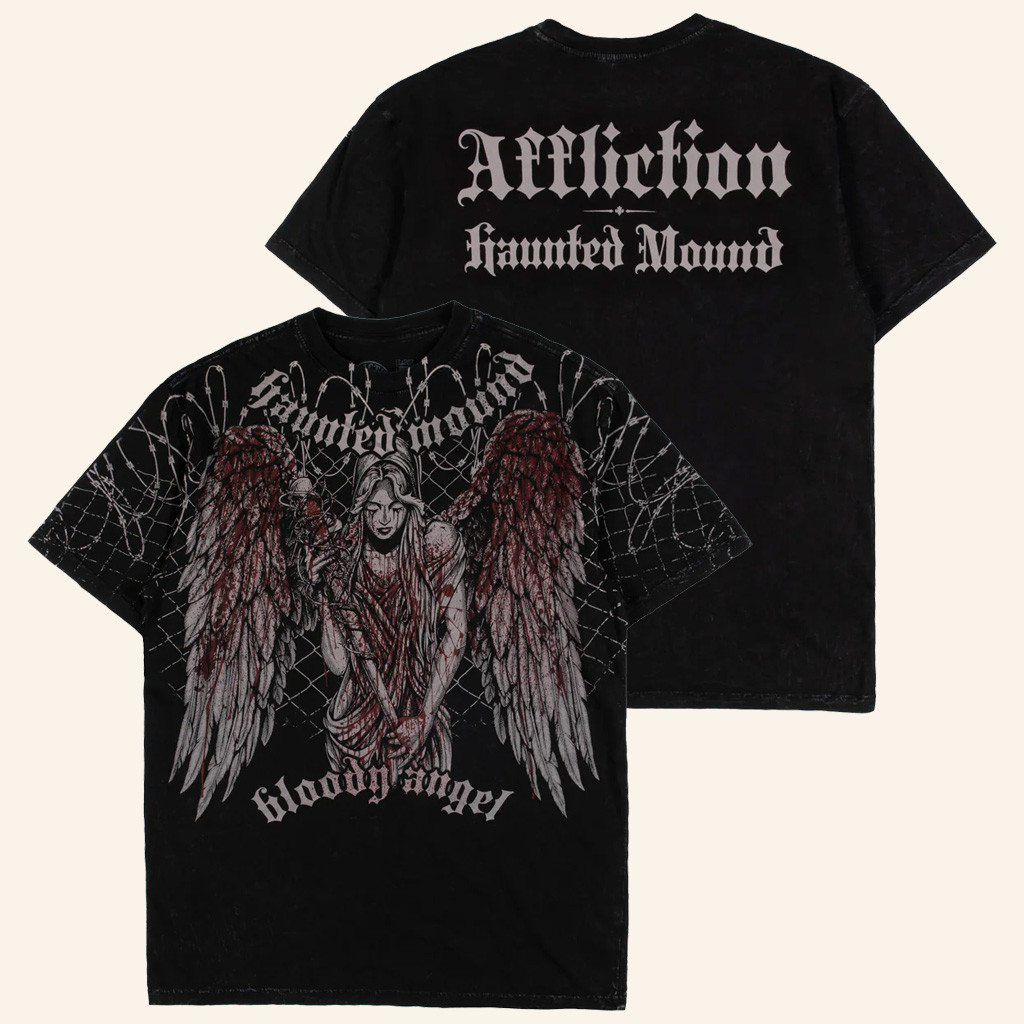 Affliction X Haunted Mound Merch HM Bloody Angel T-Shirt Gift Ideas For Hip Hop Lovers