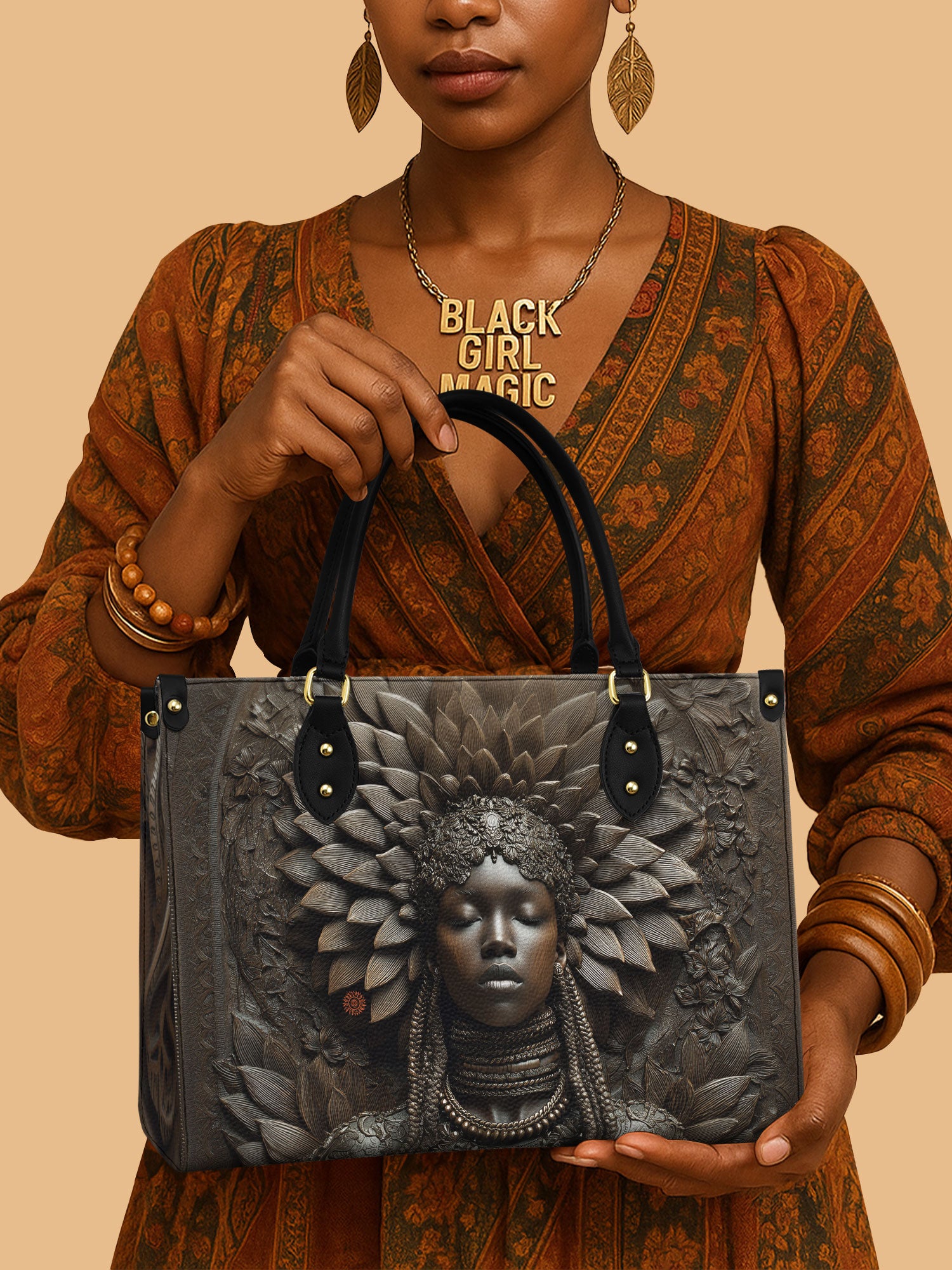 Africa Queen Ancient Brown Leather Bag Black Woman Theme Bag Native Gifts For Mom