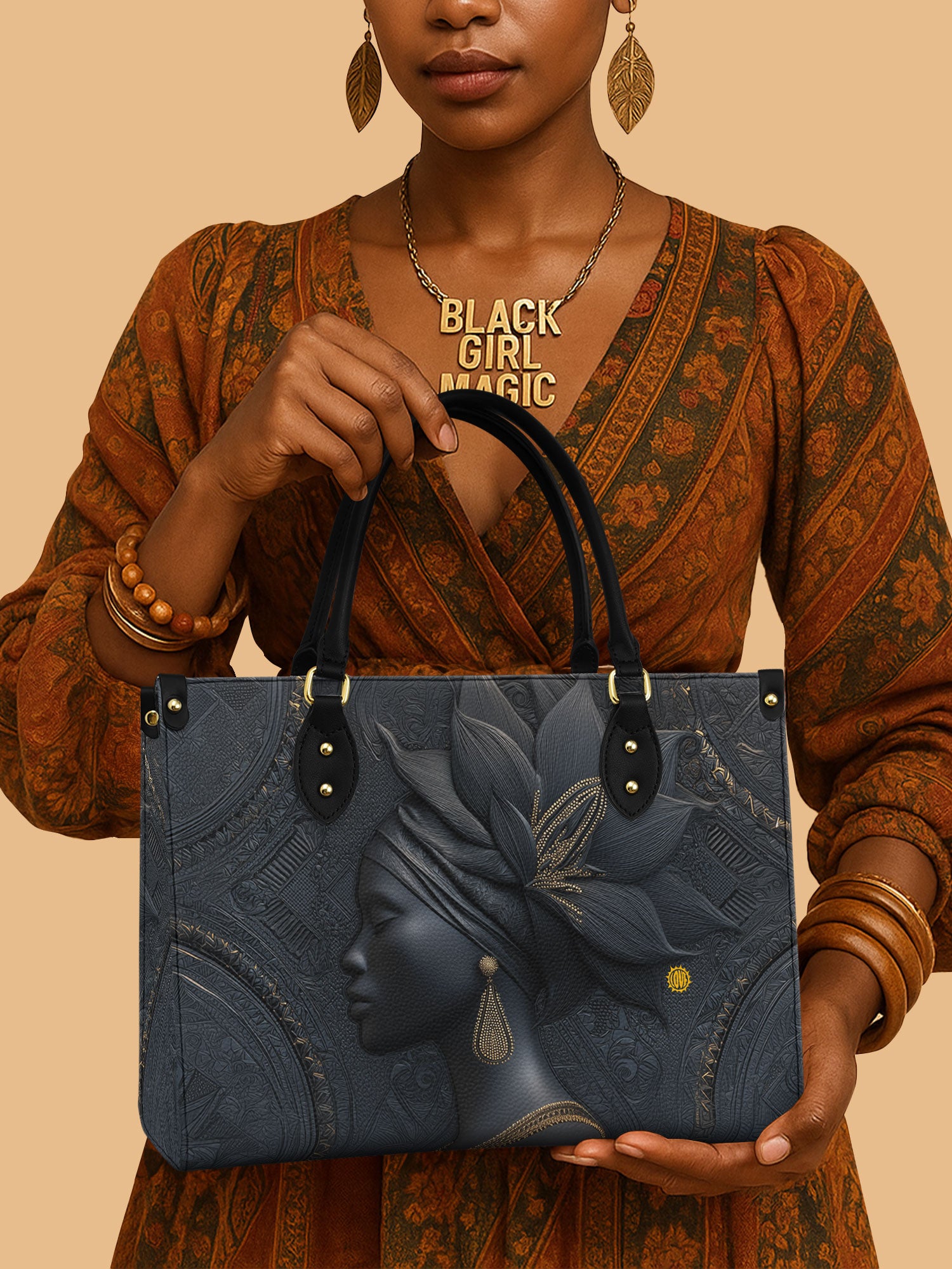 Africa Queen Black Lotus Turban Leather Bag Black Woman Bag Native Gifts For Lotus Lovers