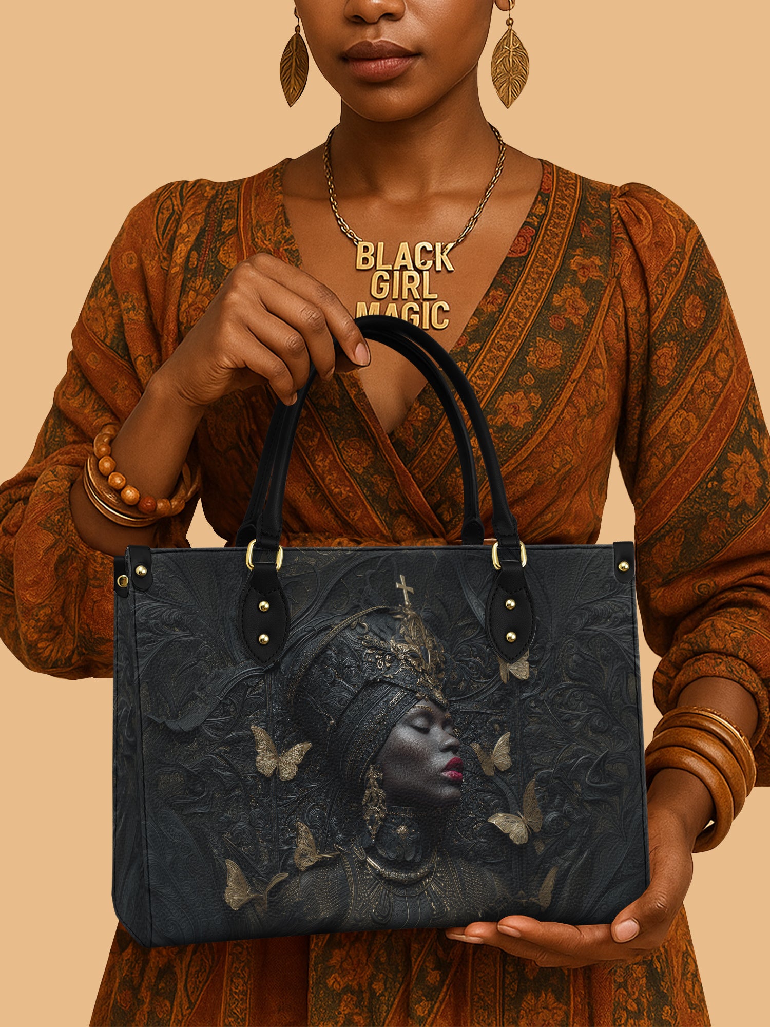 Africa Queen Celestial Ancestry Leather Bag African Art Theme Handbag Black Woman Gifts
