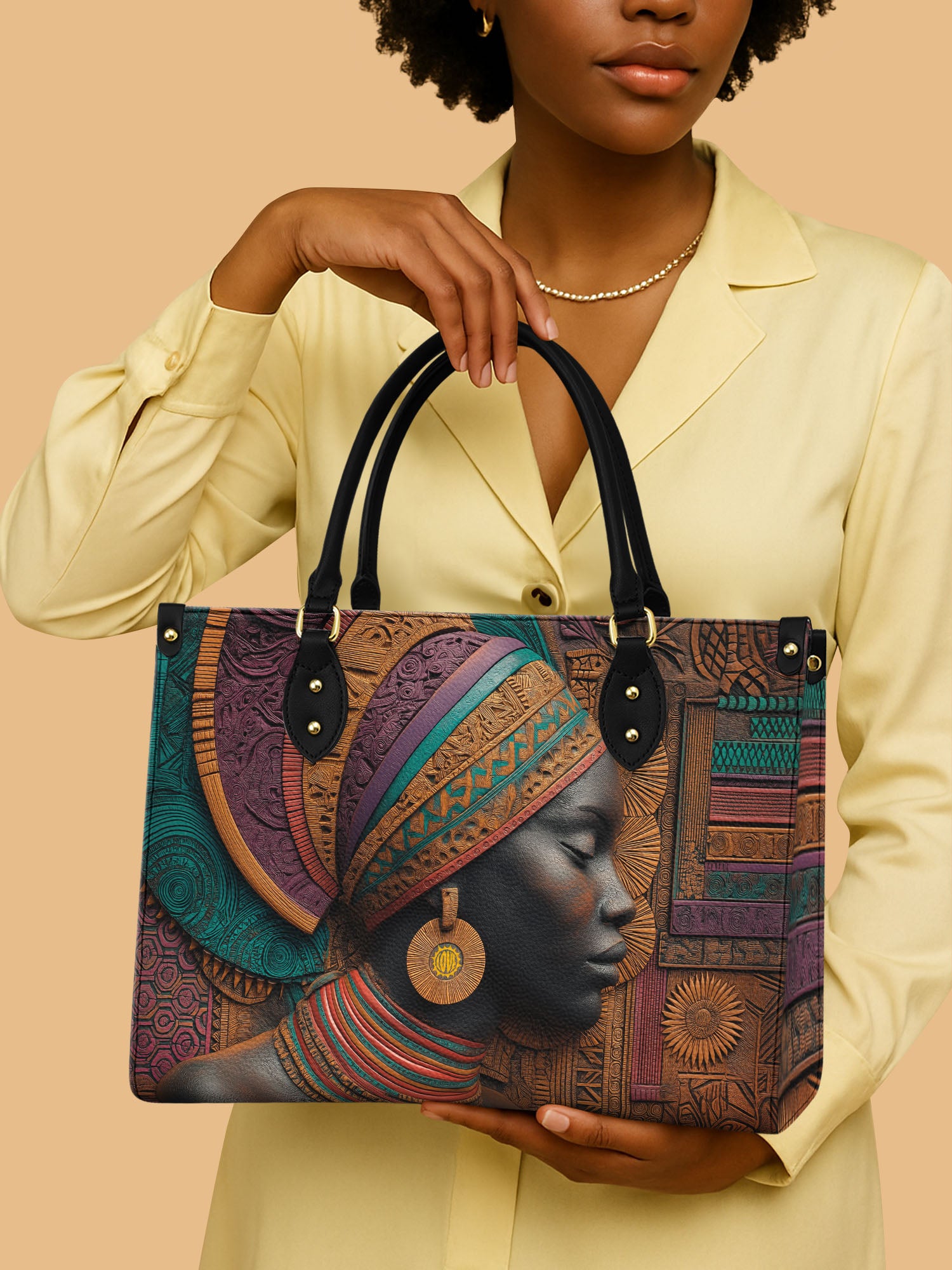 Africa Queen Earth Tone Leather Bag Black Woman Theme Bag African Art Gifts For Mom