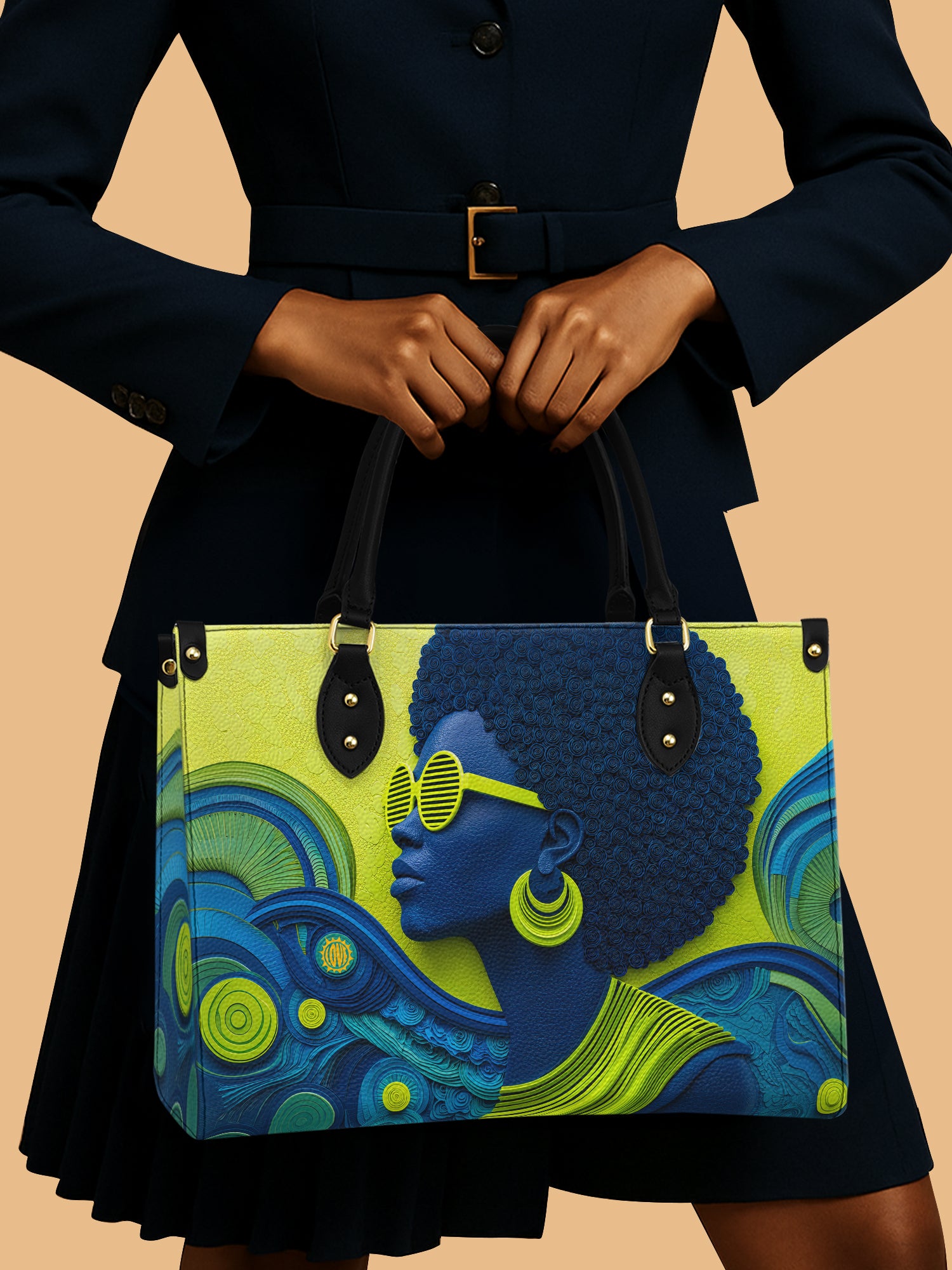 Africa Queen Neon Swirls Art Leather Bag Black Women Theme Bag Native Gifts For Her