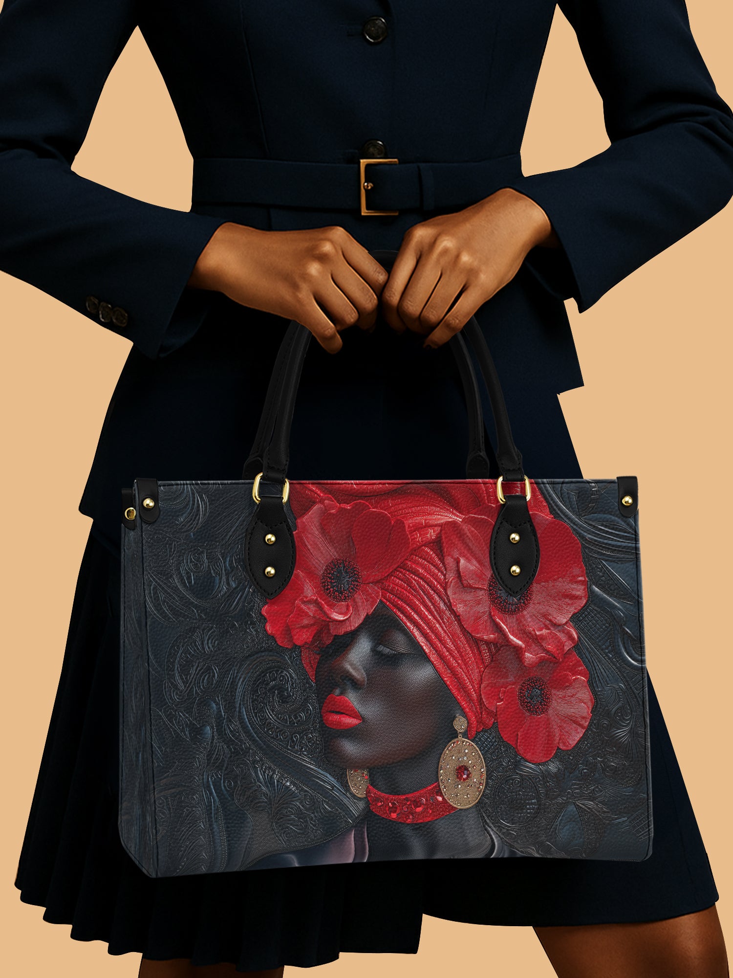 Africa Queen Red Floral Crown Leather Bag African Art Theme Bag Black Woman Gifts For Her