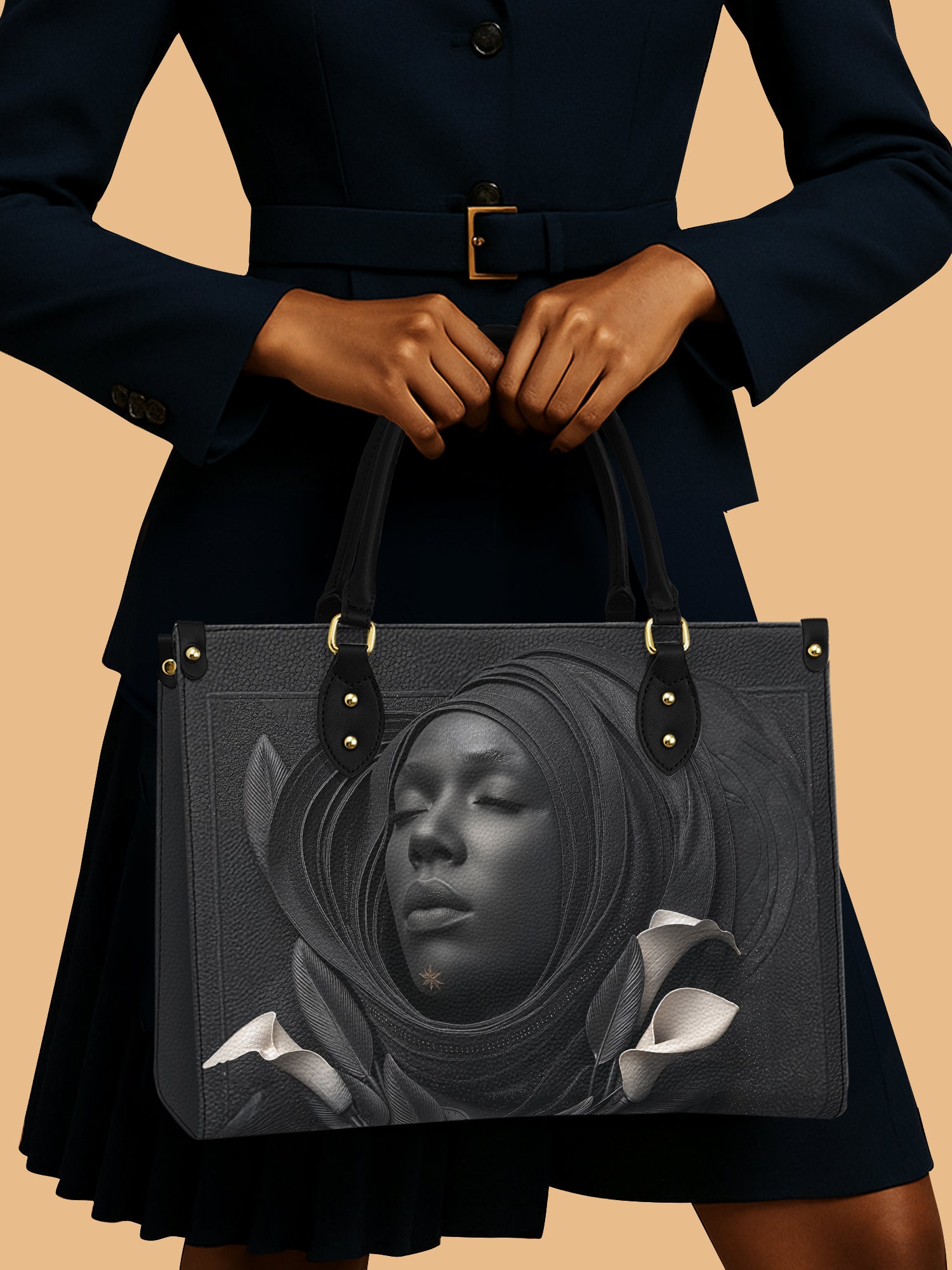 Africa Queen Trumpet Lily Leather Bag Black Woman Bag Elegant Gifts For Lily Lovers